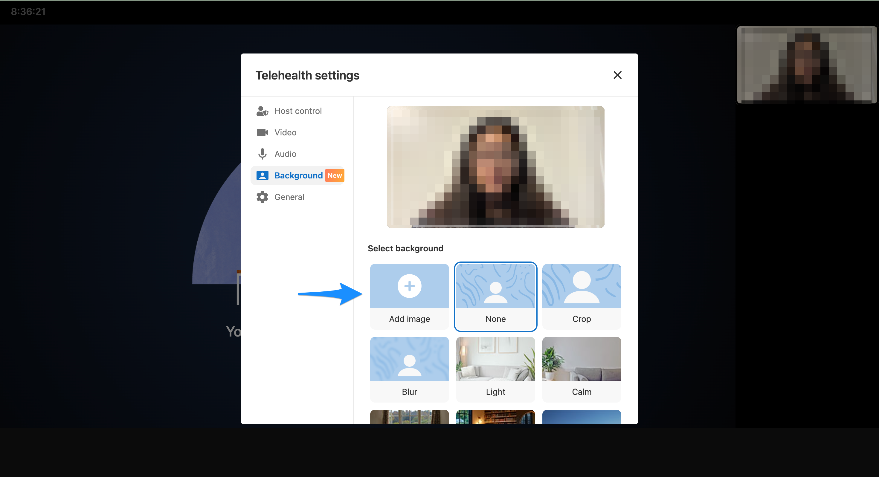 Arrow pointing towards the background selections available for a telehealth appointment