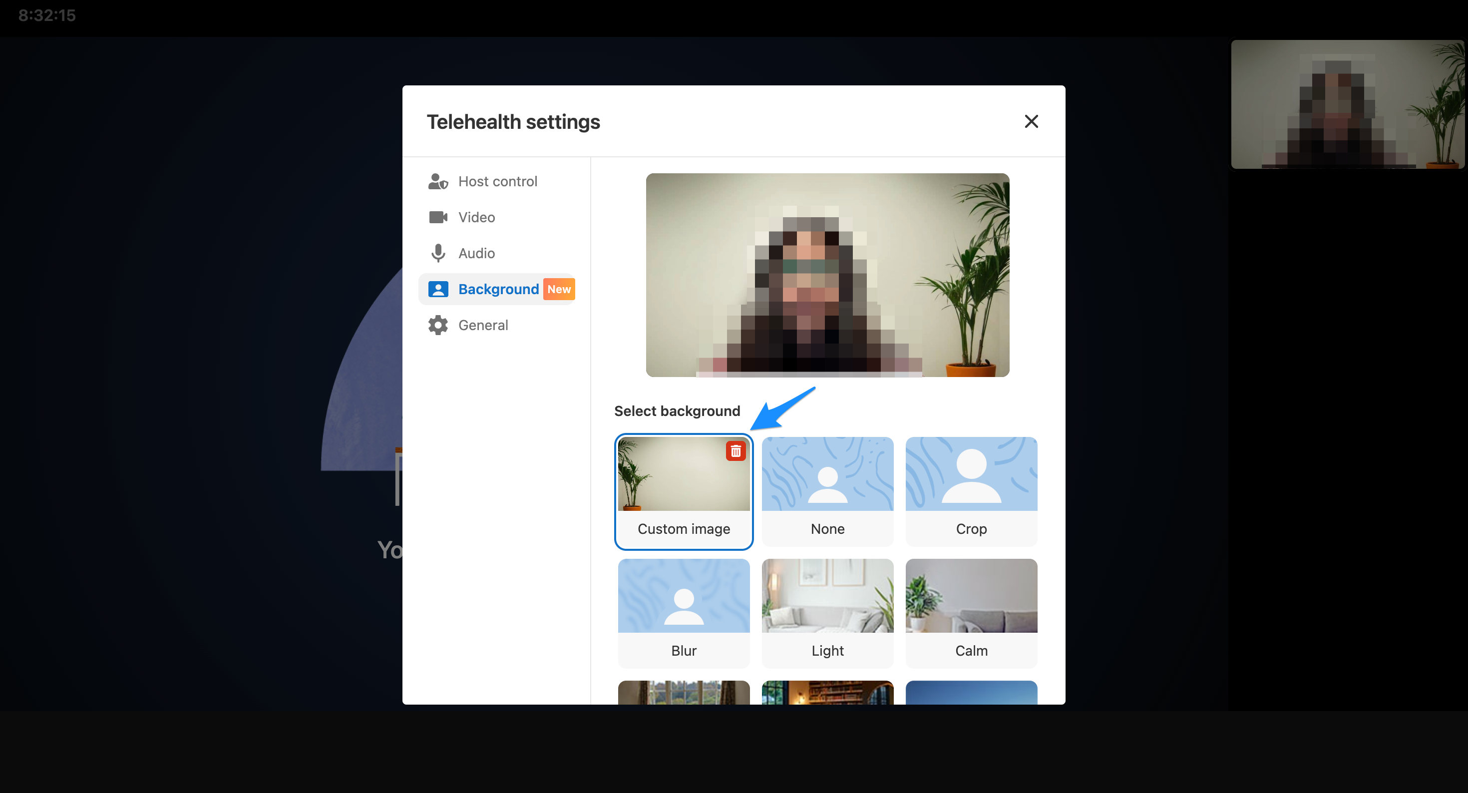 A trashcan icon appears when hovering over the customer image selected for a telehealth background