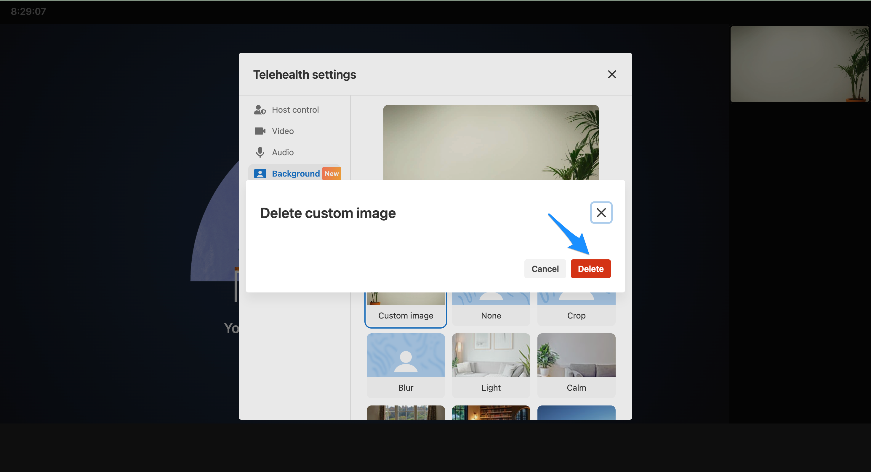 Delete button when removing a custom telehealth background image