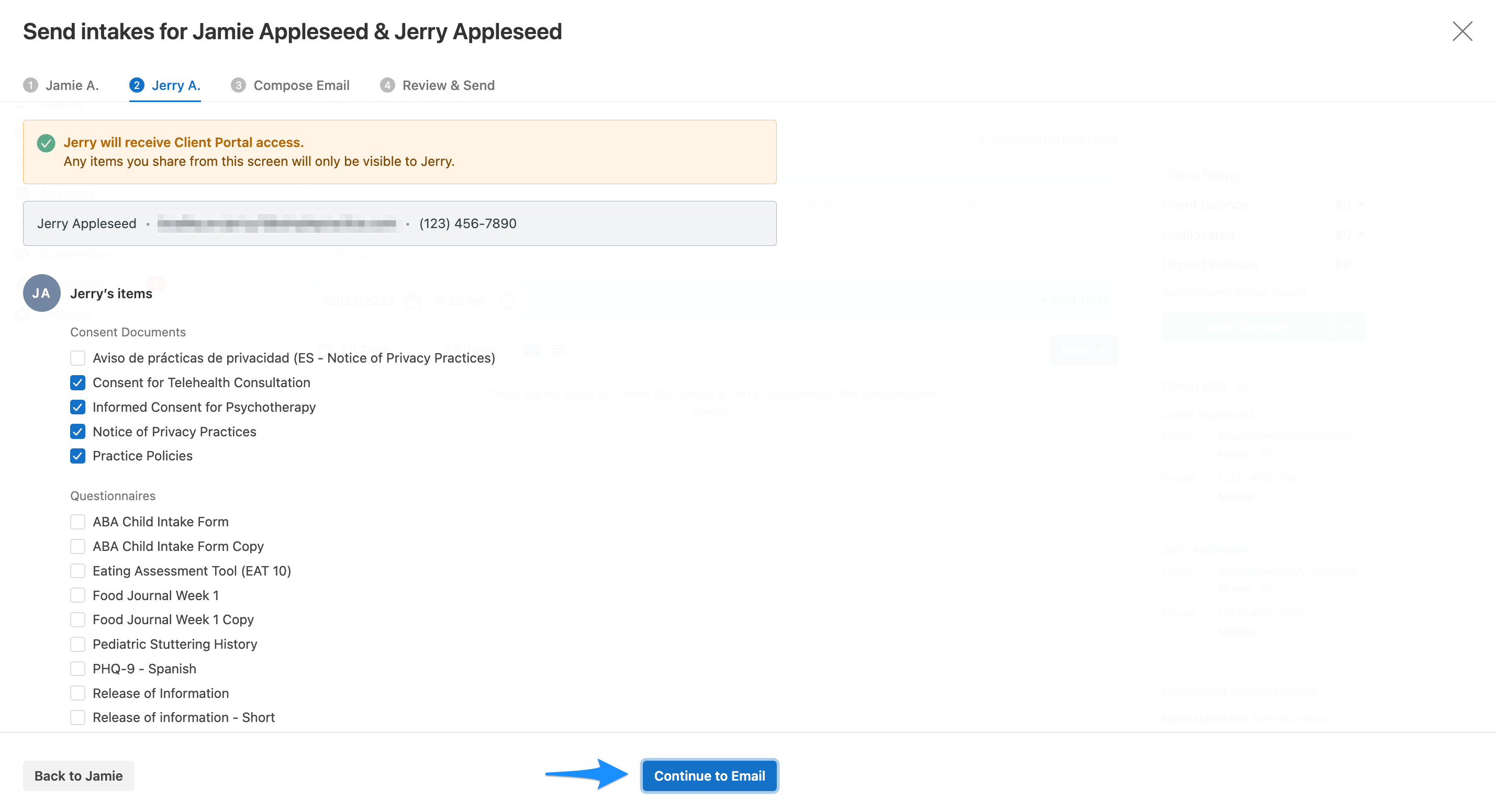 Continue to Email screen showing selected intake forms for each client in a couple profile