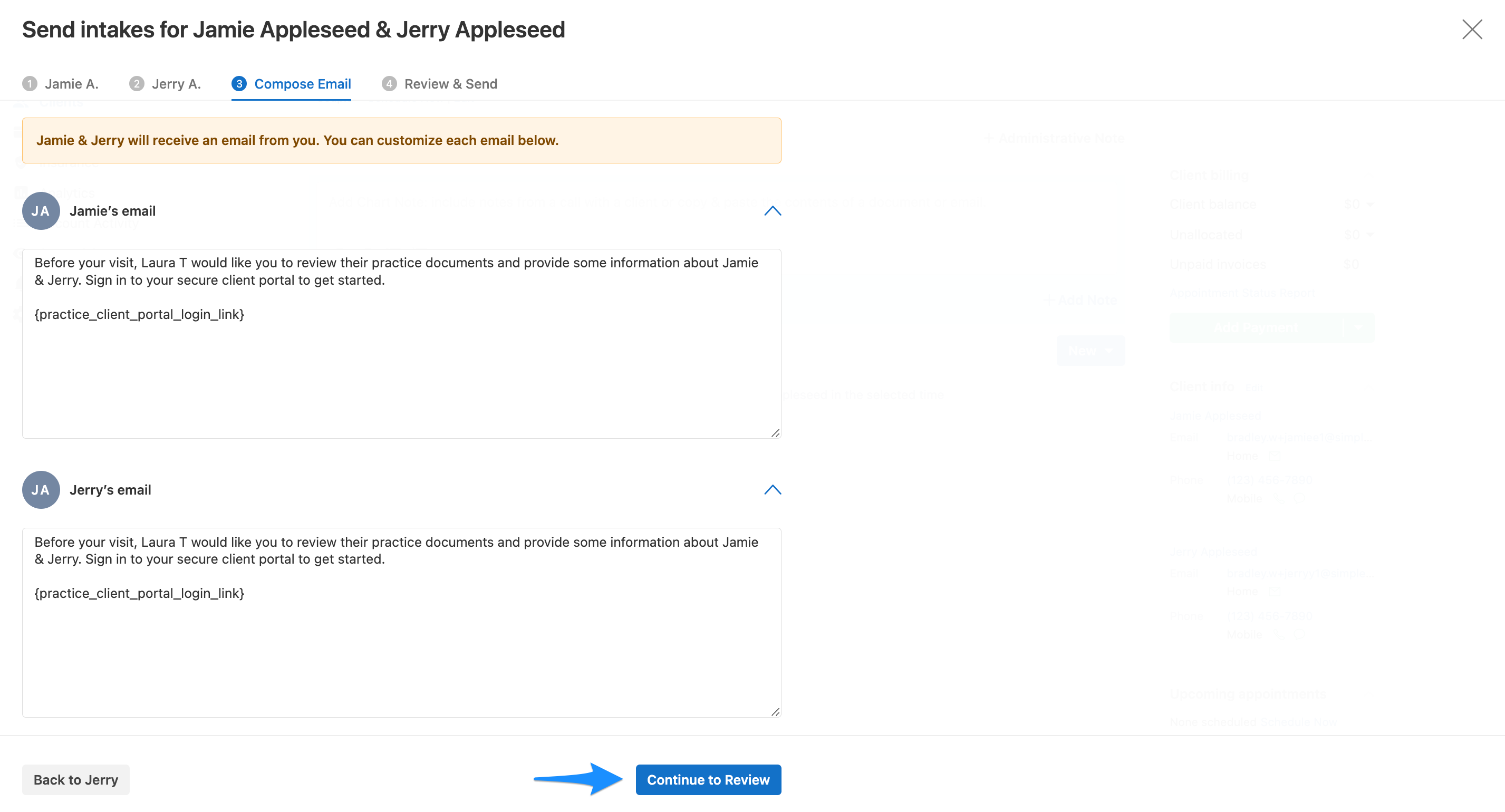 Continue to Review screen showing intake email preview for couple clients