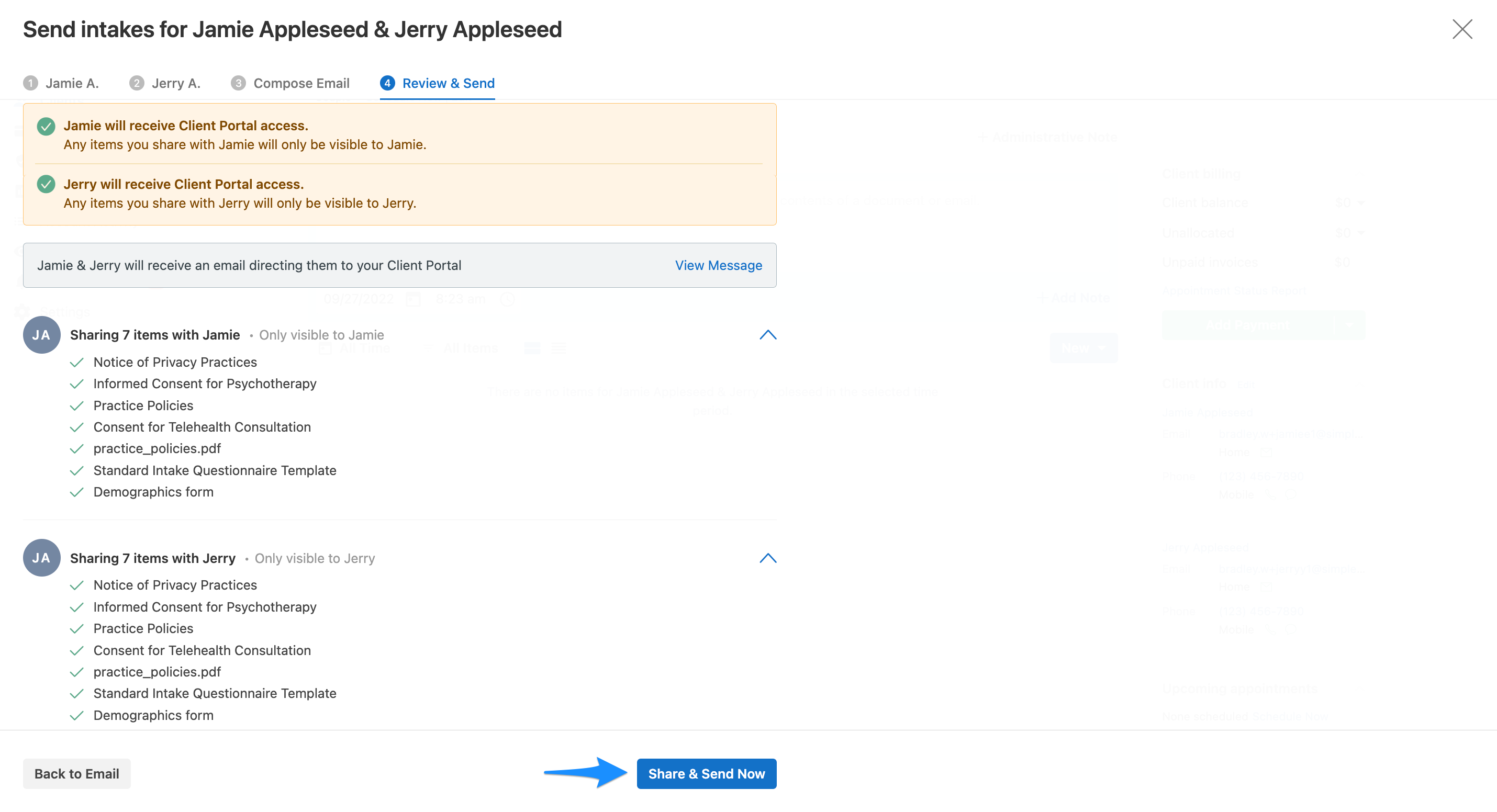 Share and Send Now screen confirming documents shared with each client in a couple