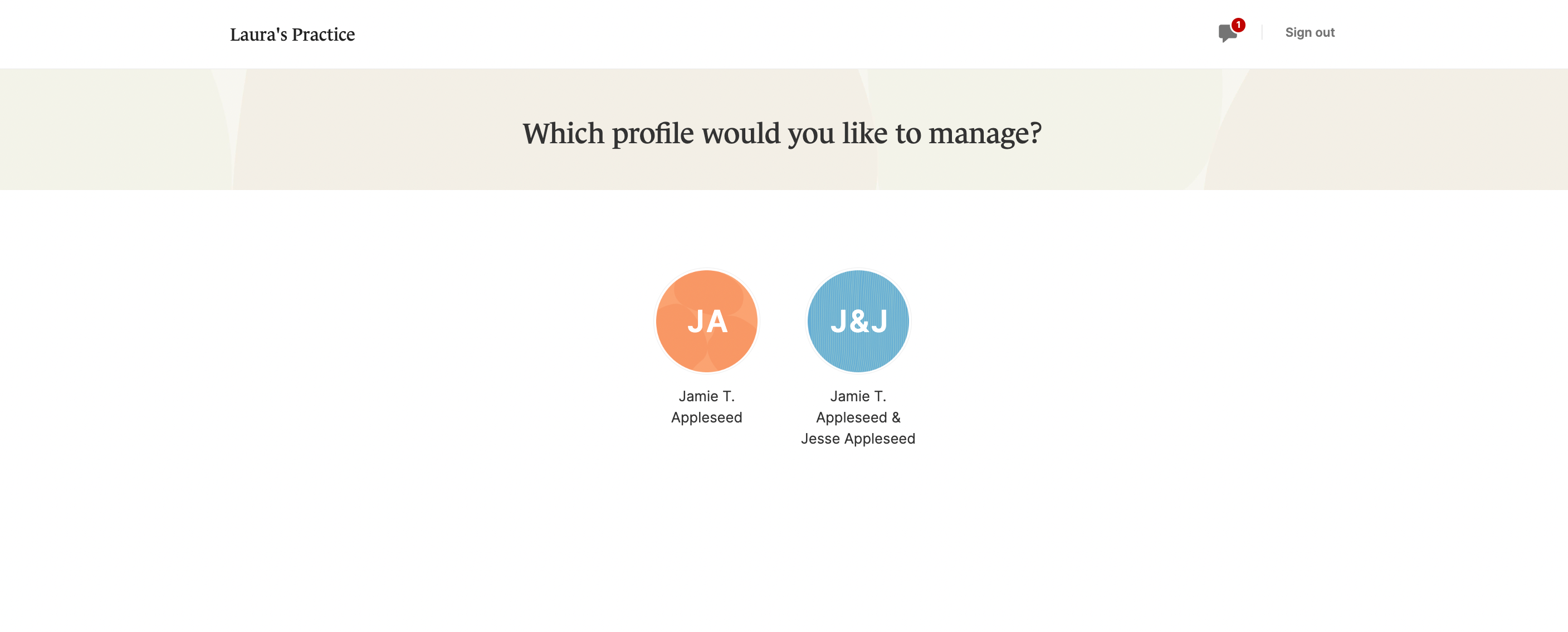 Client Portal profile selector showing couple and individual client profiles
