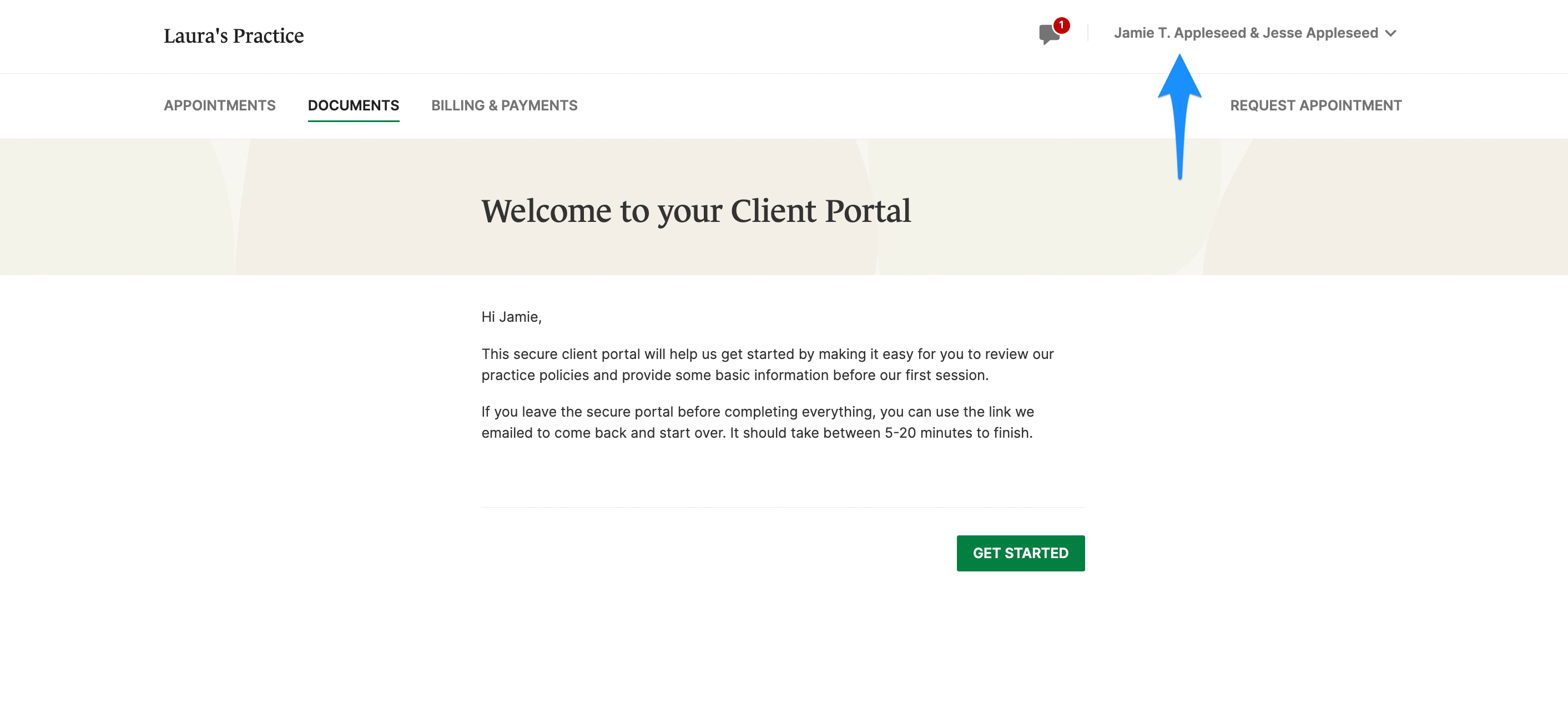 Client Portal view showing couple profile name in the top right corner