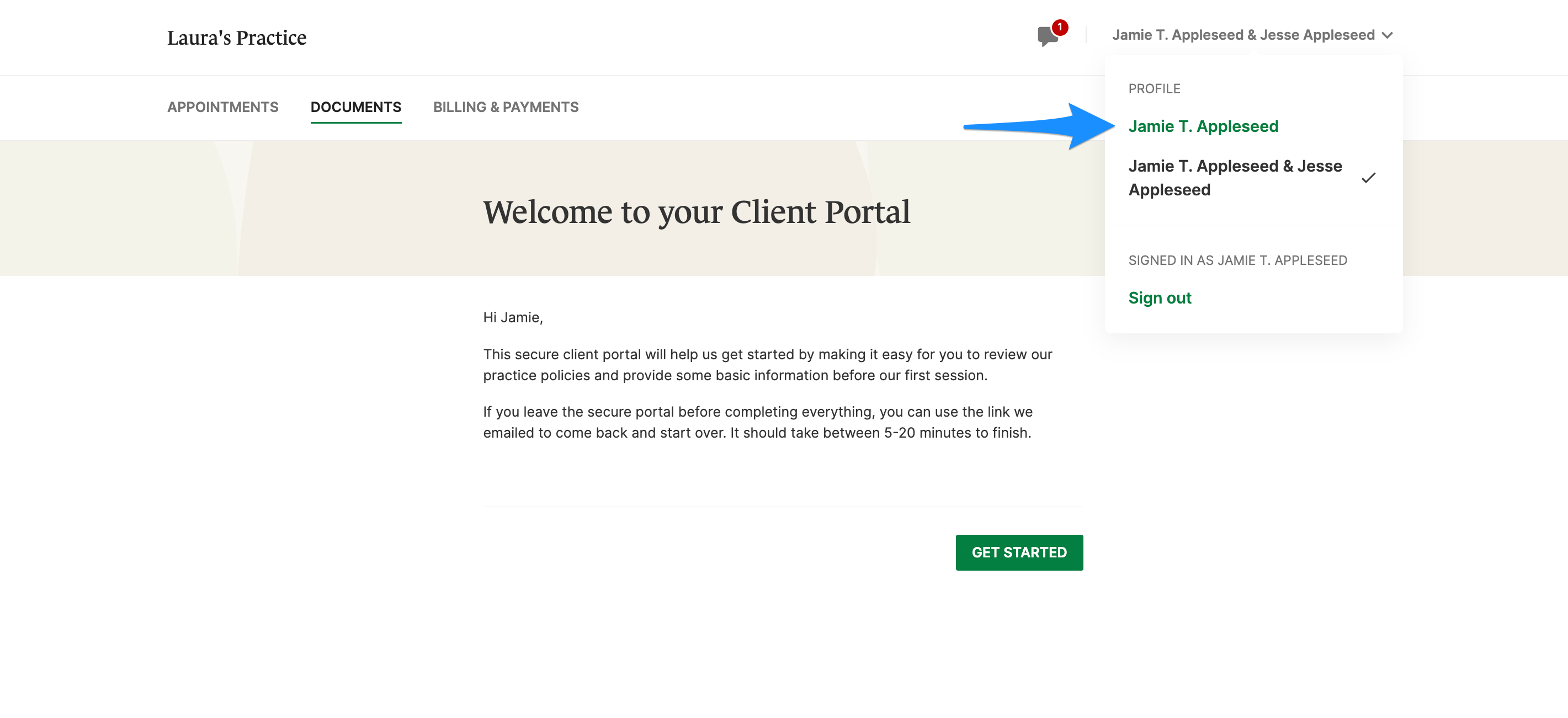 Client Portal menu showing option to change profile or sign out