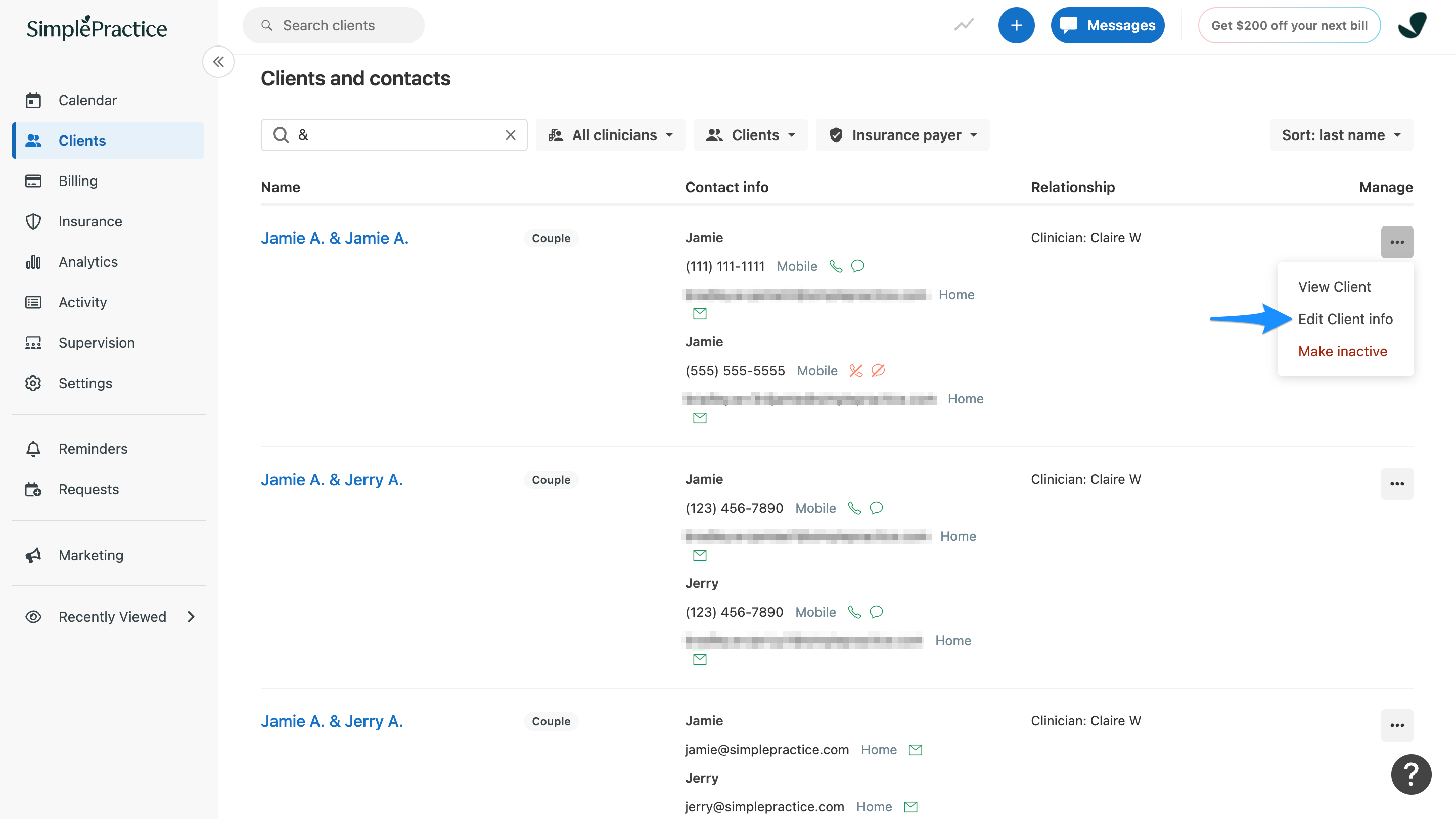 Menu showing Manage with Edit Client info selected for a couple profile