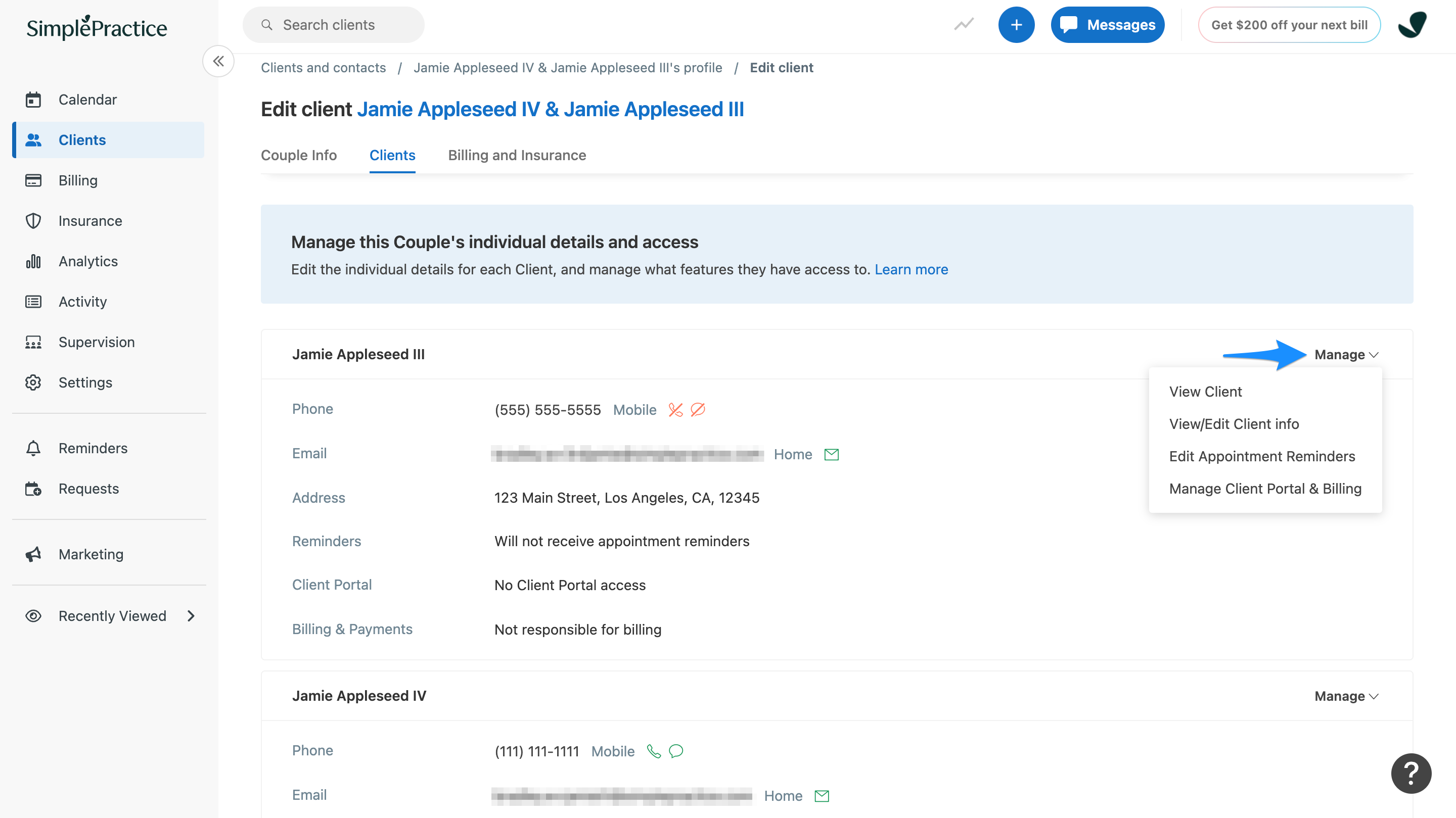 Clients tab of a couple profile showing options to manage portal access, billing, and reminders
