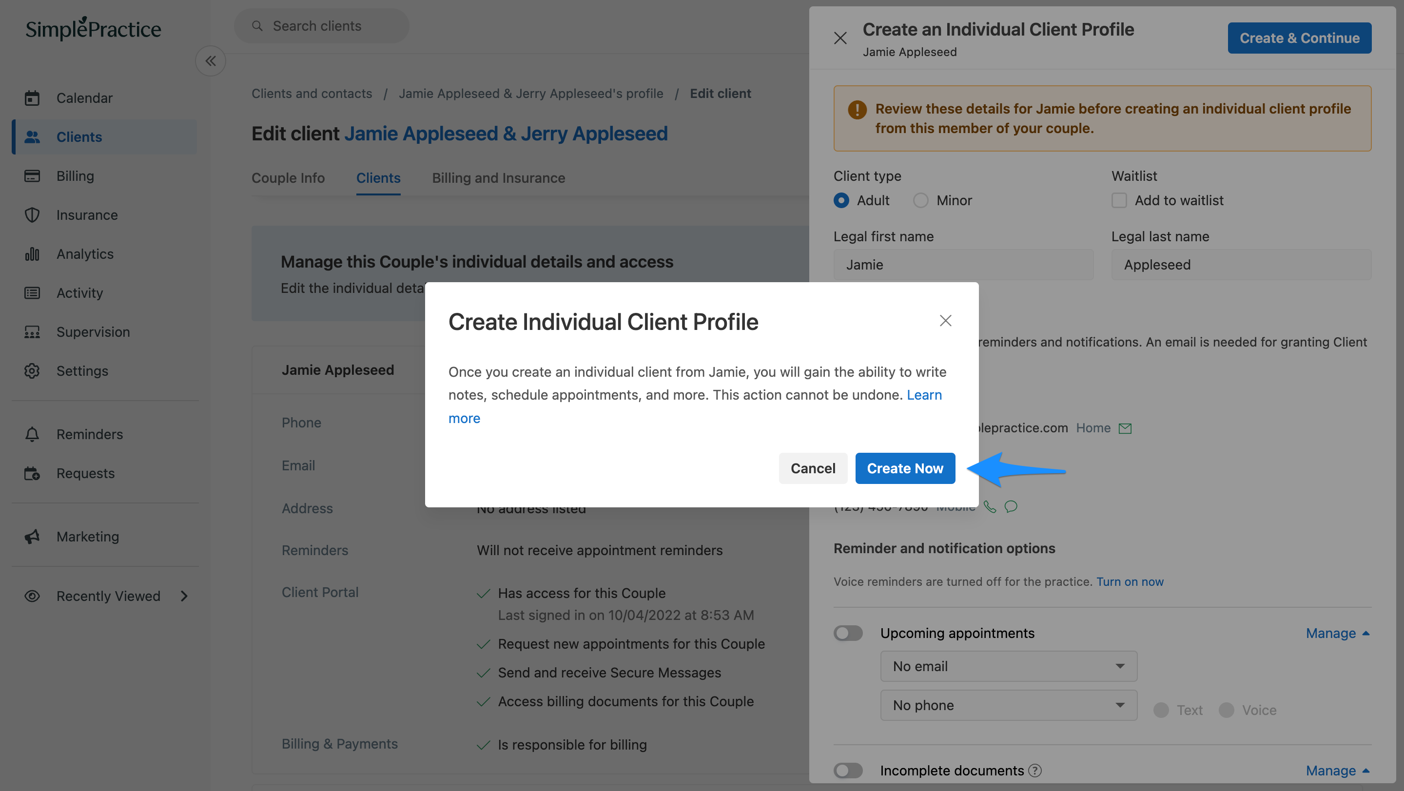Confirmation screen showing the Create Now button for finalizing individual client creation