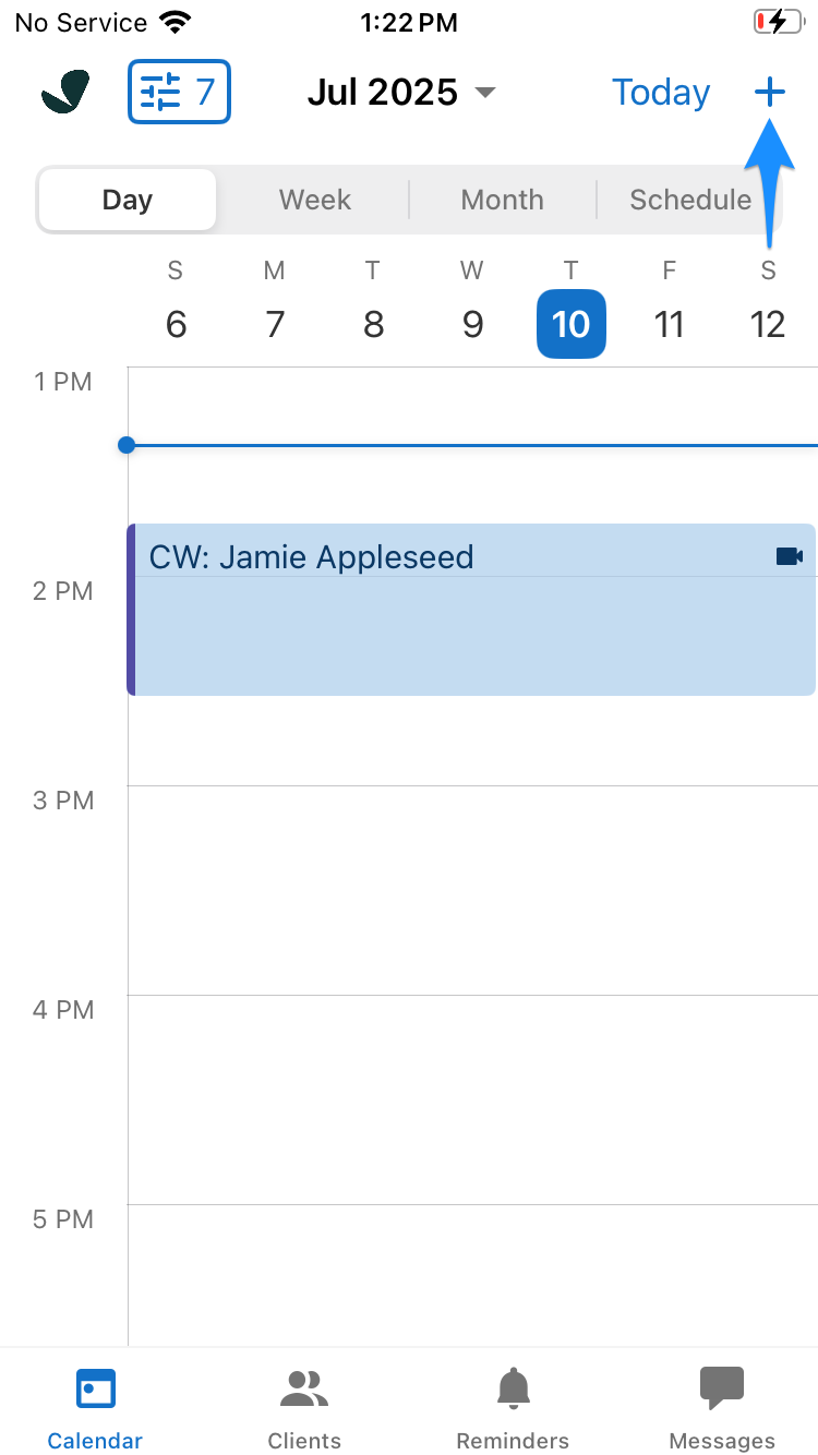 Calendar screen in the SimplePractice for Clinicians app showing the add (+) button