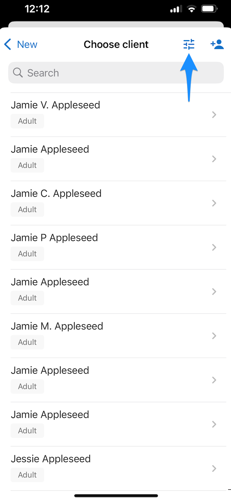 Add appointment screen showing client list filters in the SimplePractice for Clinicians app