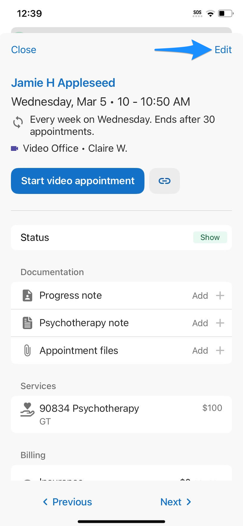 Appointment details screen showing the Edit button in the SimplePractice mobile app