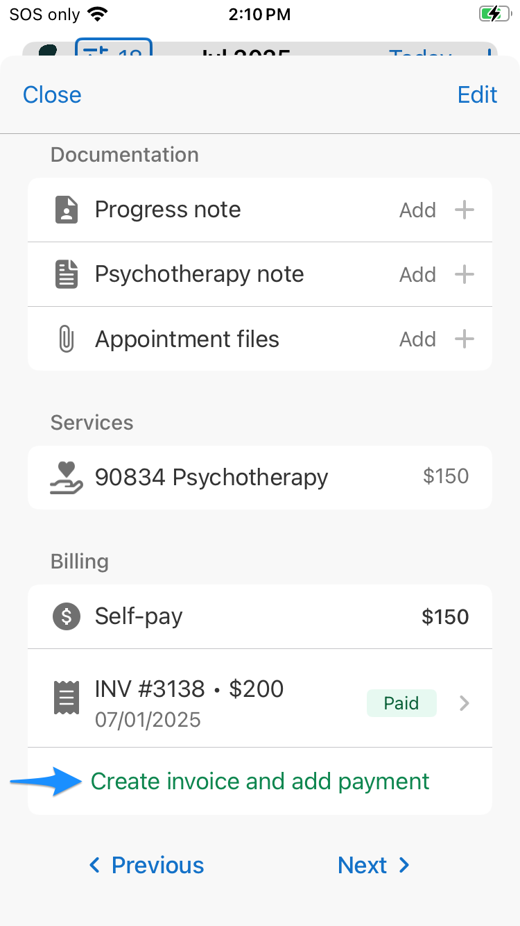 Edit appointment screen showing the Create invoice and add payment option in the SimplePractice mobile app