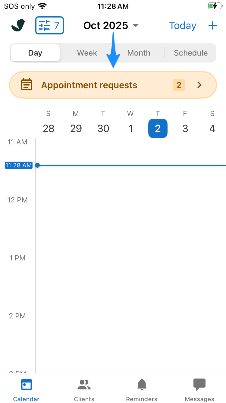 Calendar view showing the appointment requests banner at the top in the SimplePractice mobile app