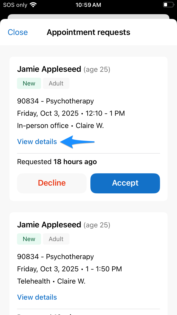 Appointment request details screen showing the View details option in the SimplePractice mobile app