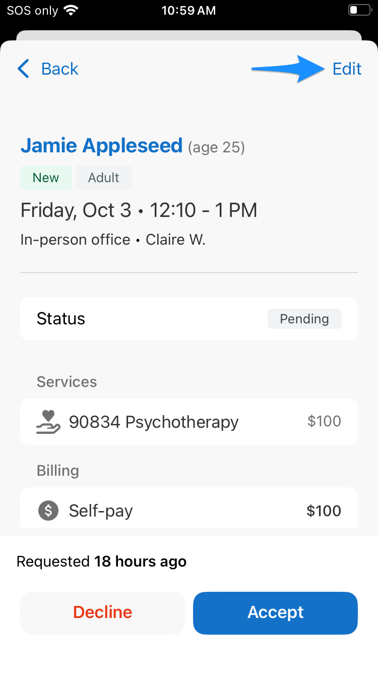 Appointment request details screen showing the Edit option in the SimplePractice mobile app