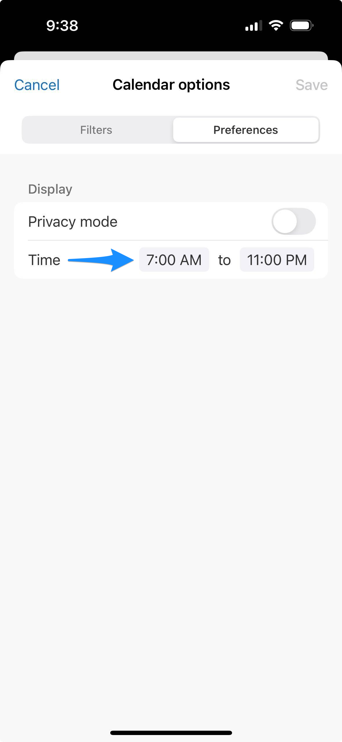 Preferences screen showing calendar Time settings for displayed hours in the mobile app