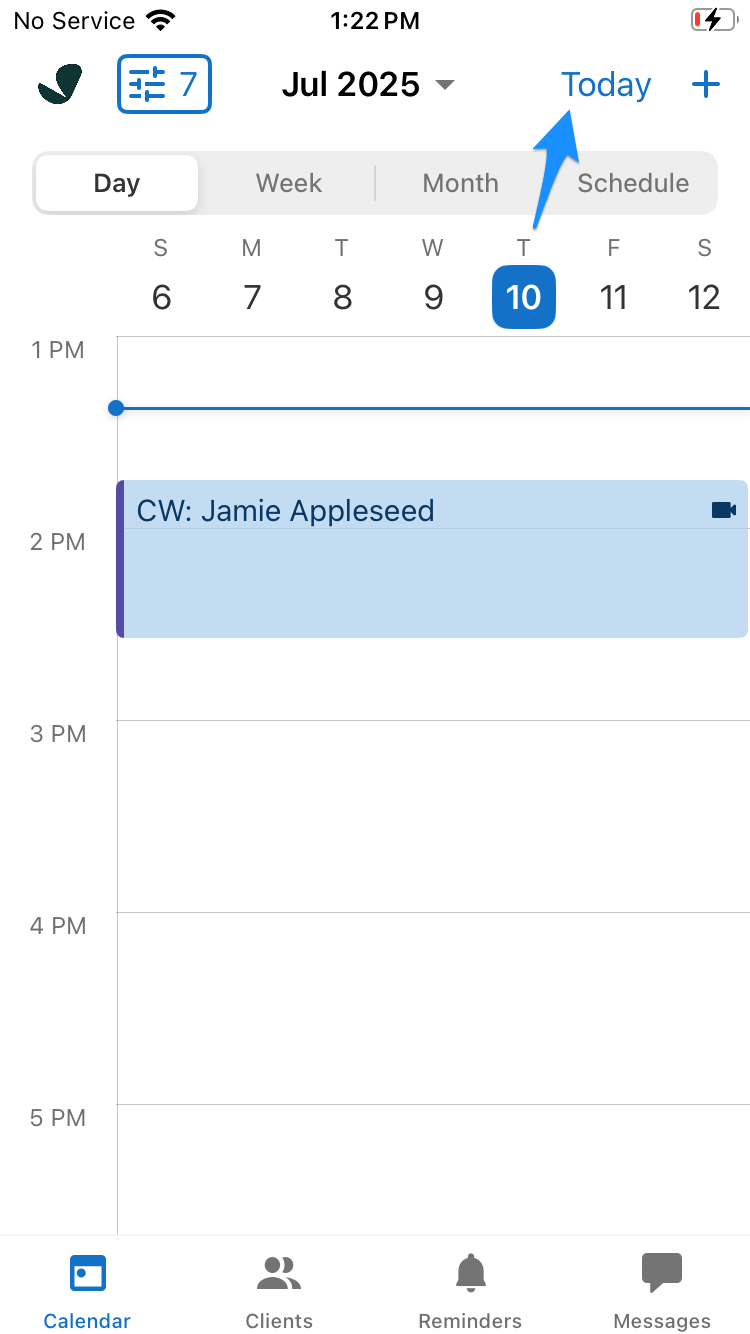 Calendar view showing the Today button in the SimplePractice mobile app