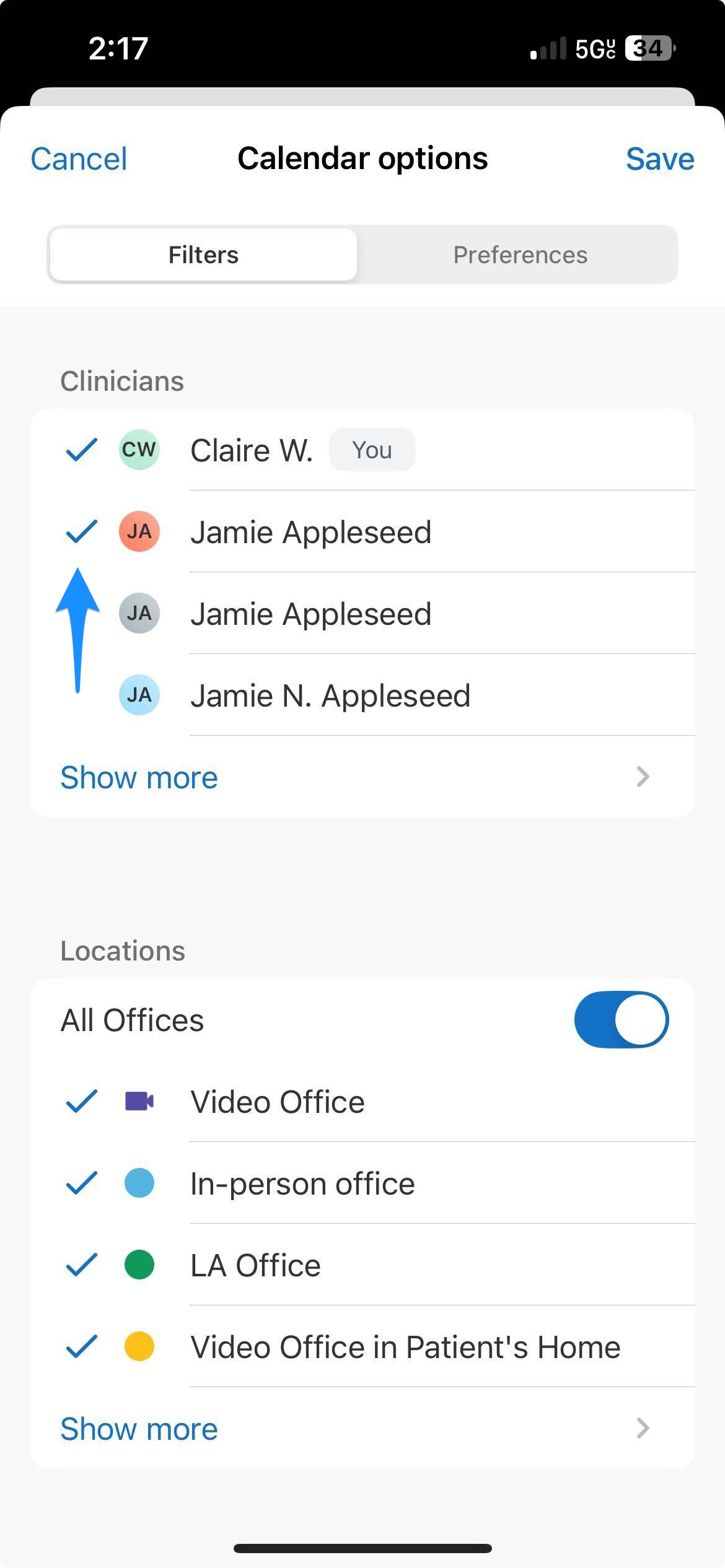 Filters tab showing a list of clinicians to select in the mobile app