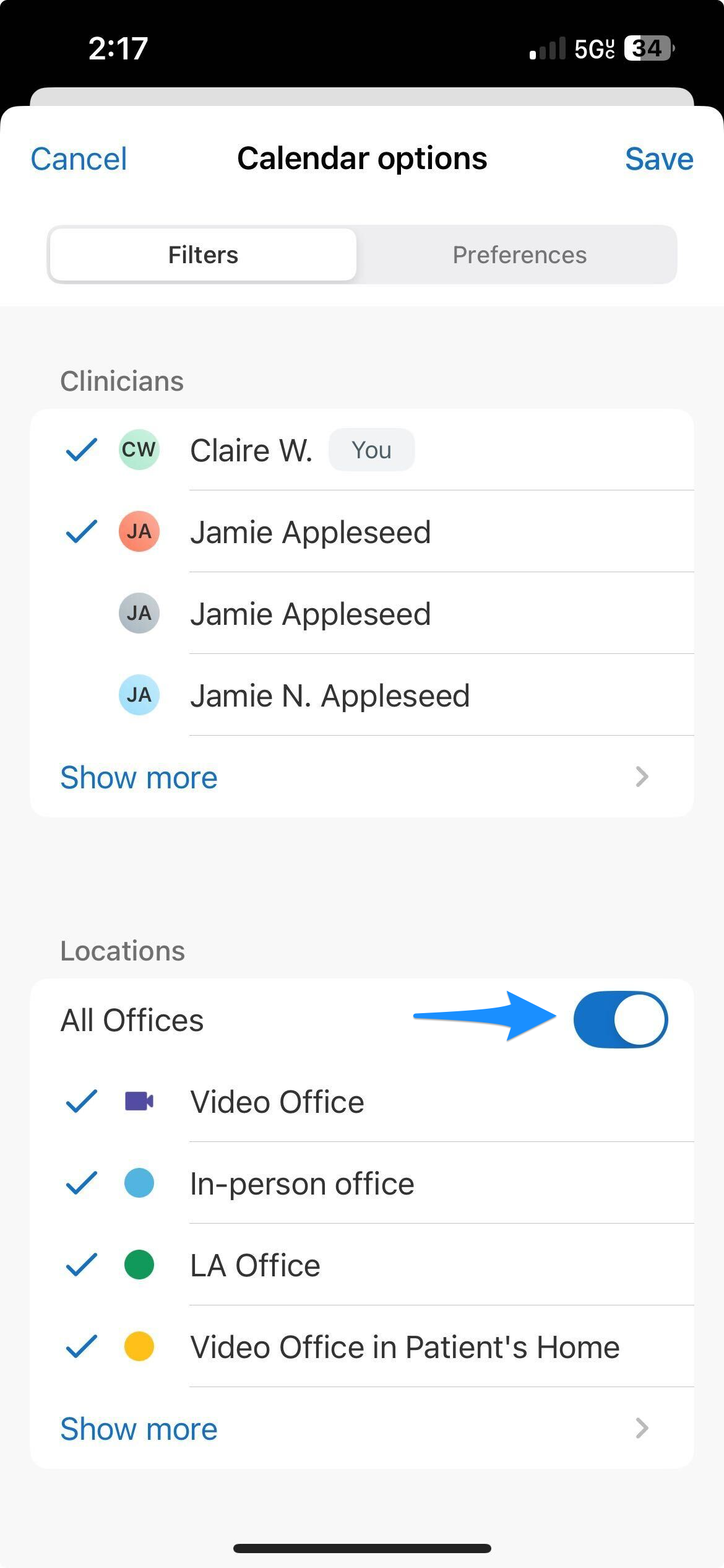 Locations filter showing the All offices toggle in the mobile app
