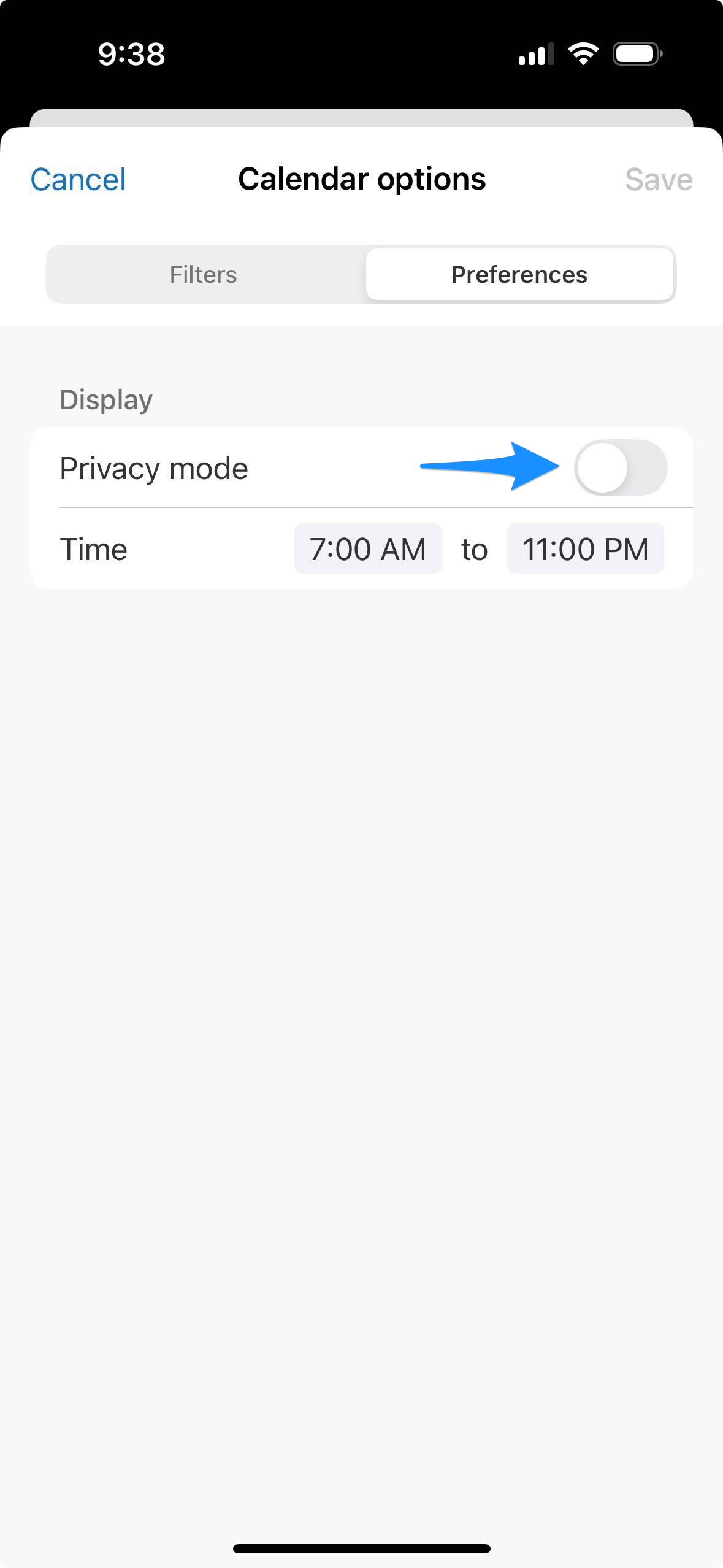Preferences screen showing the Privacy mode toggle in the mobile app