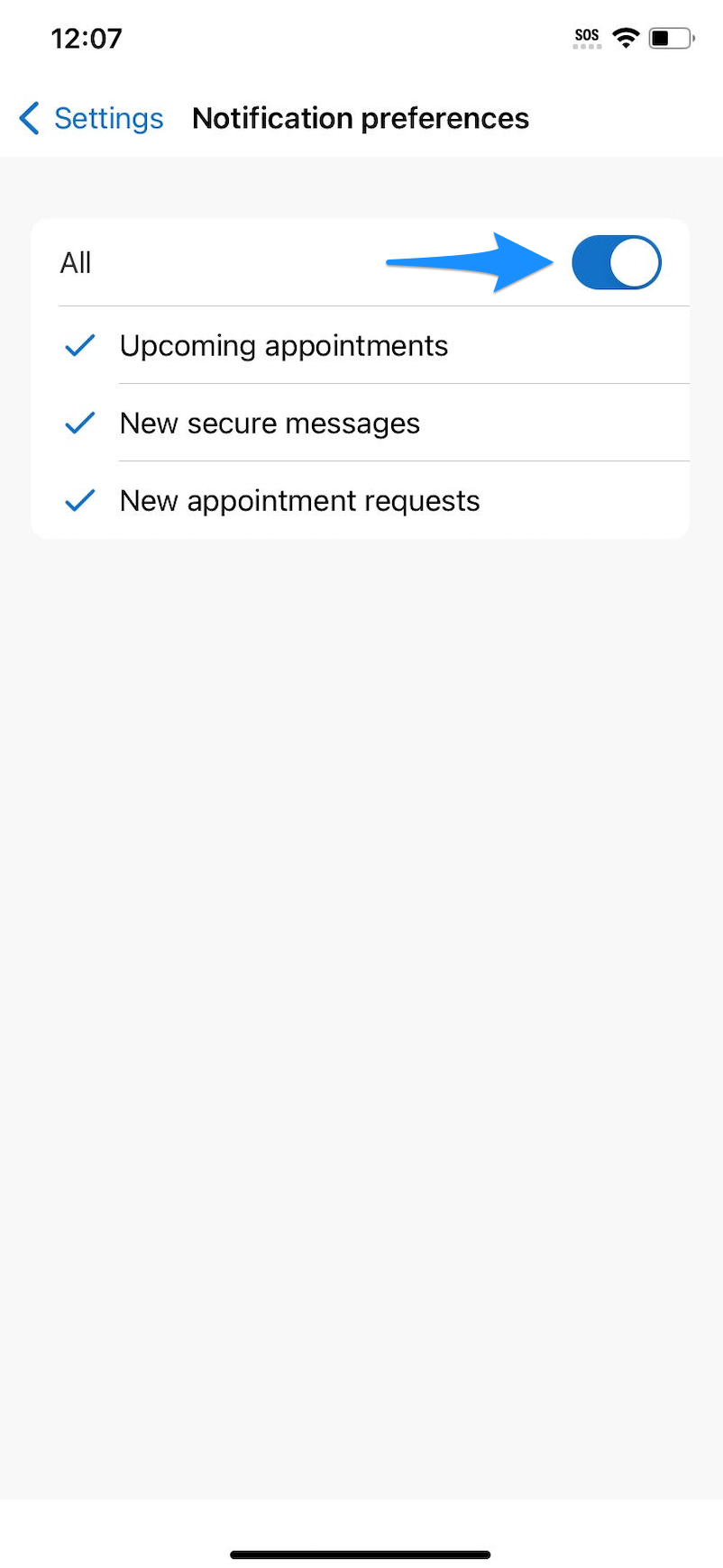 Notification preferences screen showing the All toggle and individual notification options