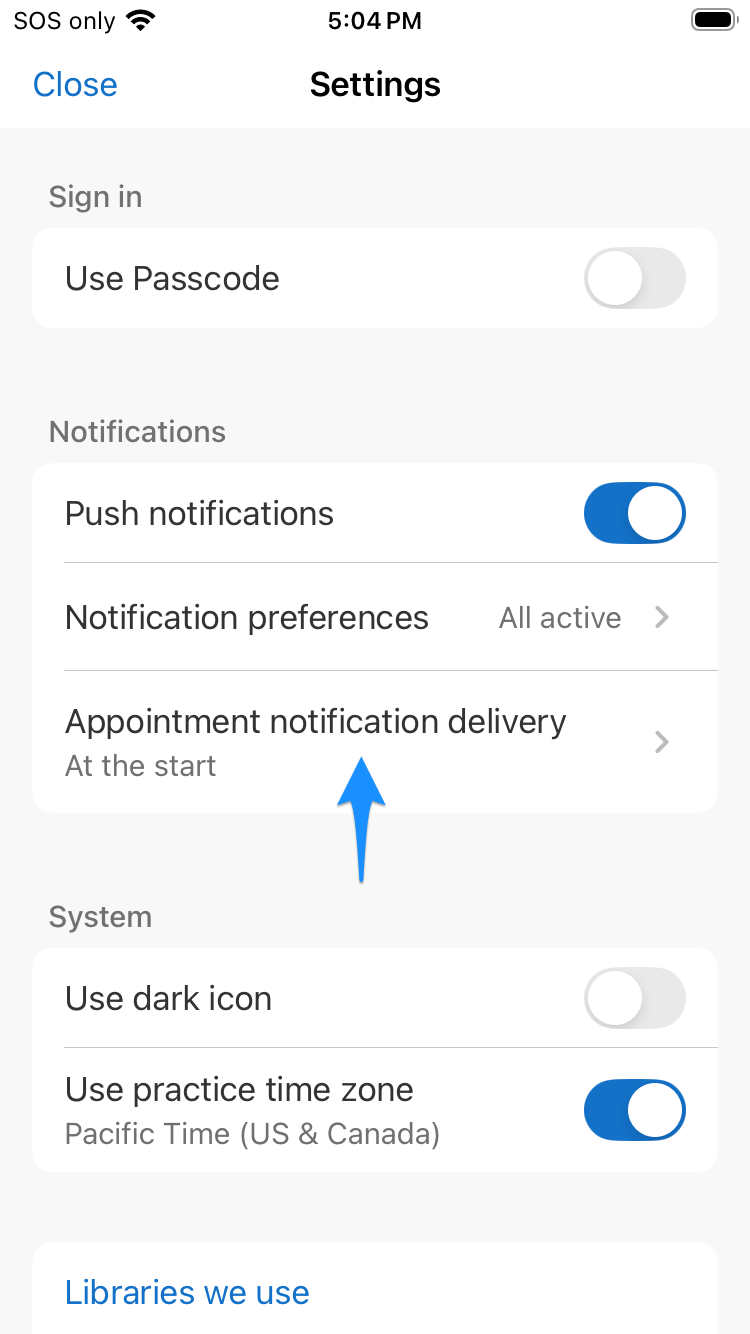 Notification preferences screen showing Appointment notification delivery