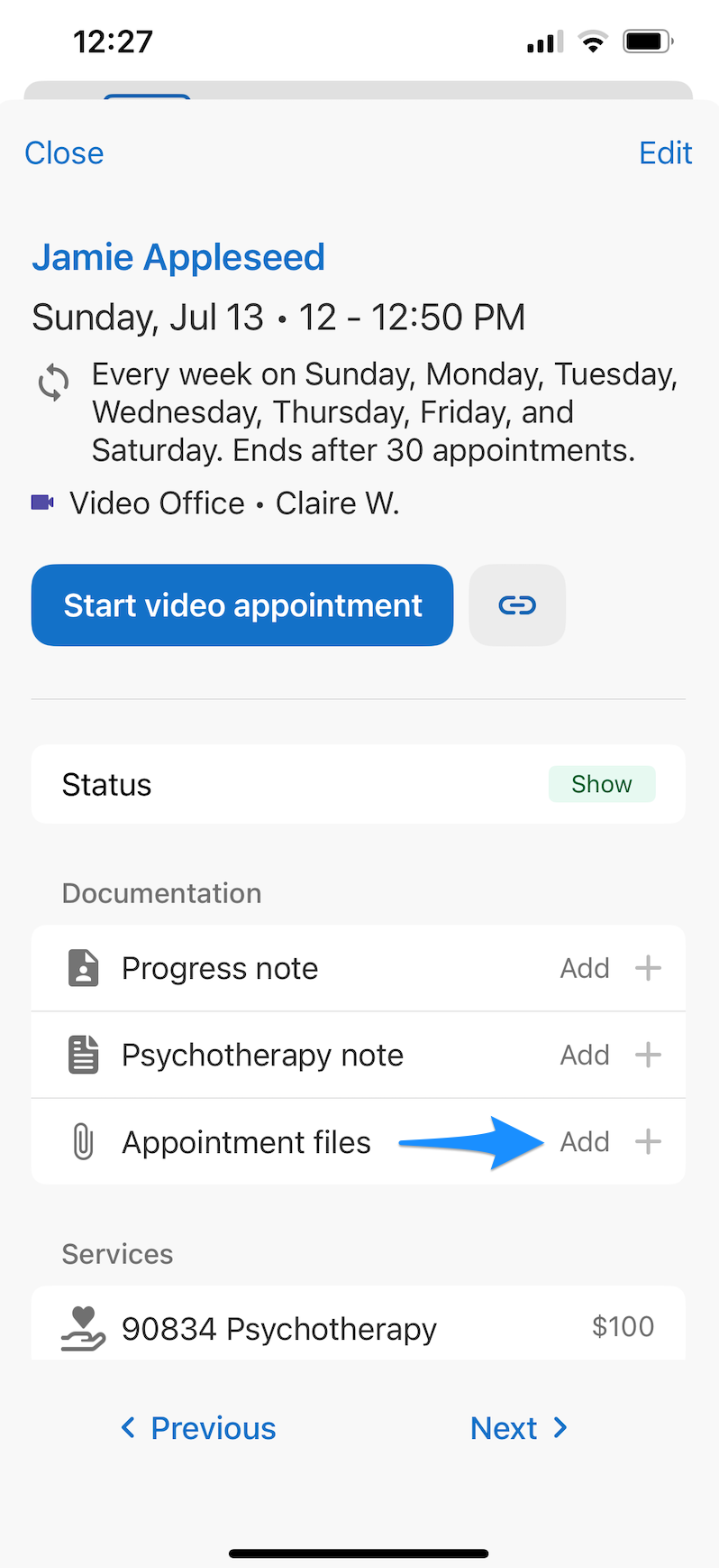 Appointment details screen showing Add + next to Appointment files