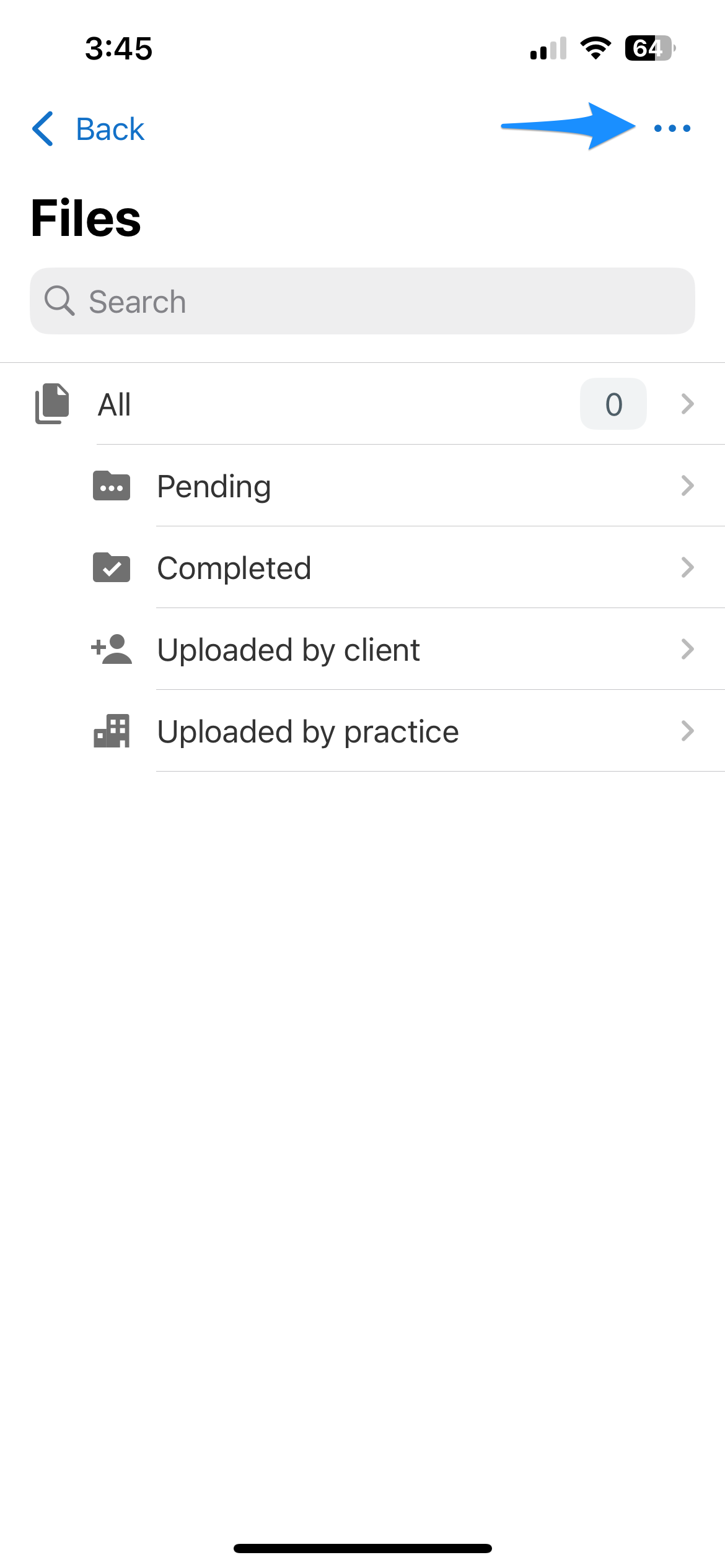 Client Files screen showing the three dots menu at the top right