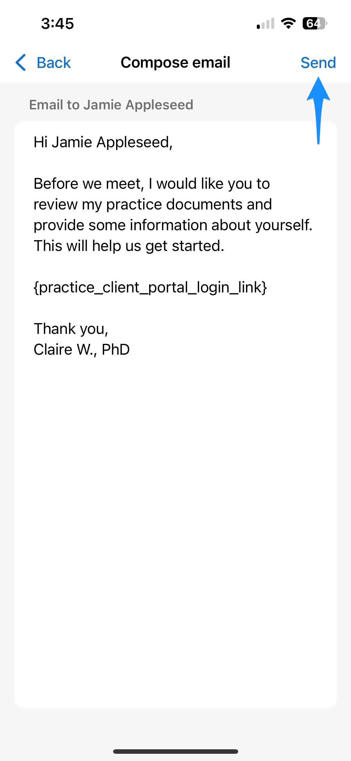 Email review screen for sharing files showing the Send button