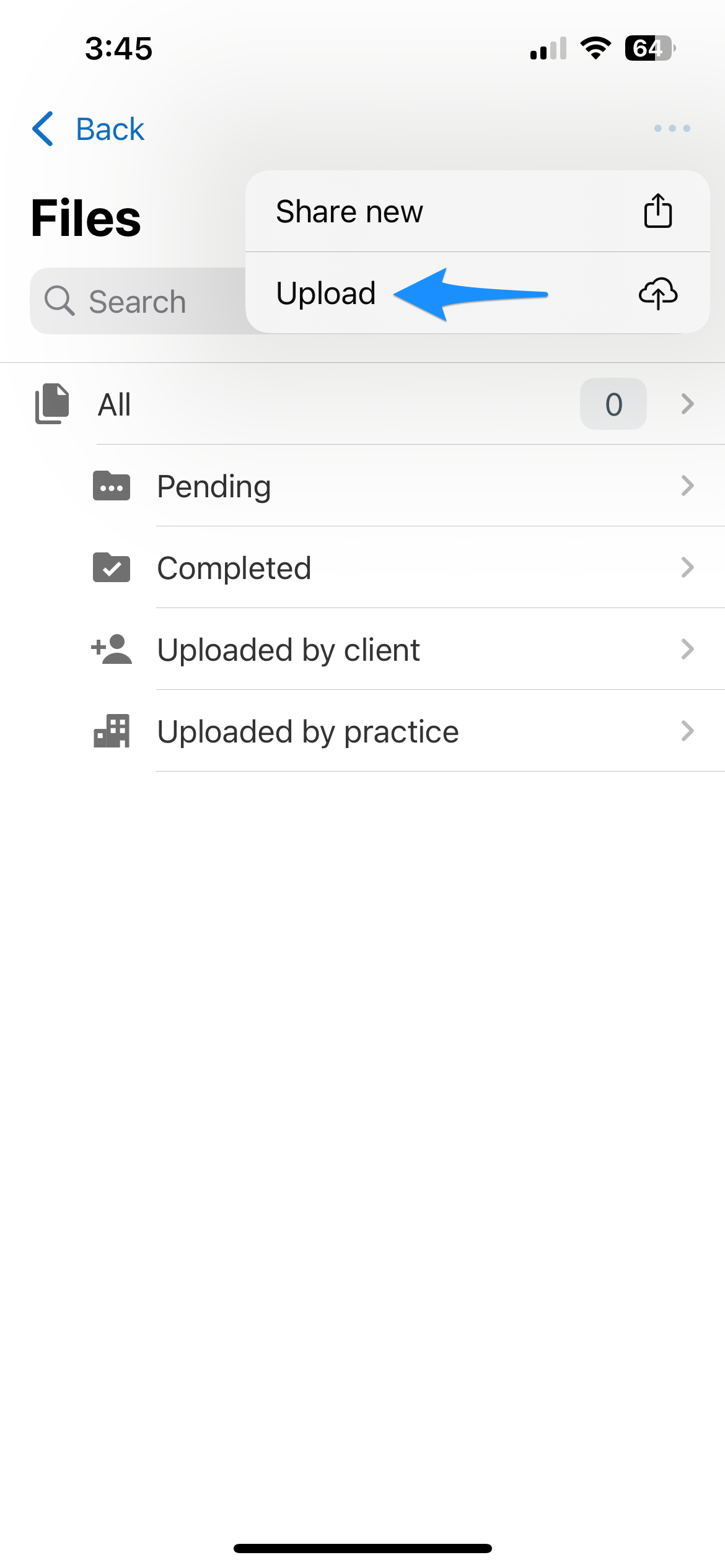 Three dots menu showing the Upload option on the Files screen