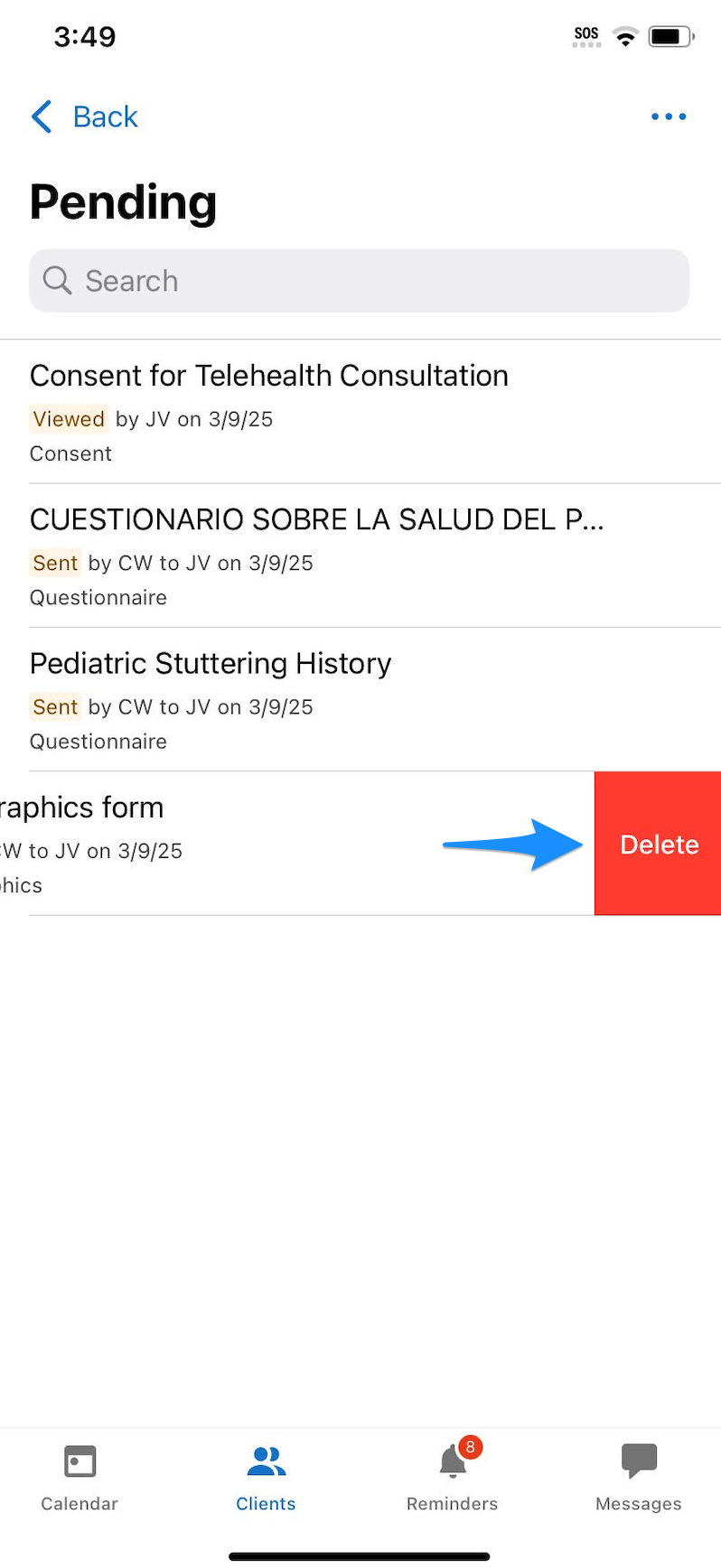 Files list showing the swipe left action with the Delete option