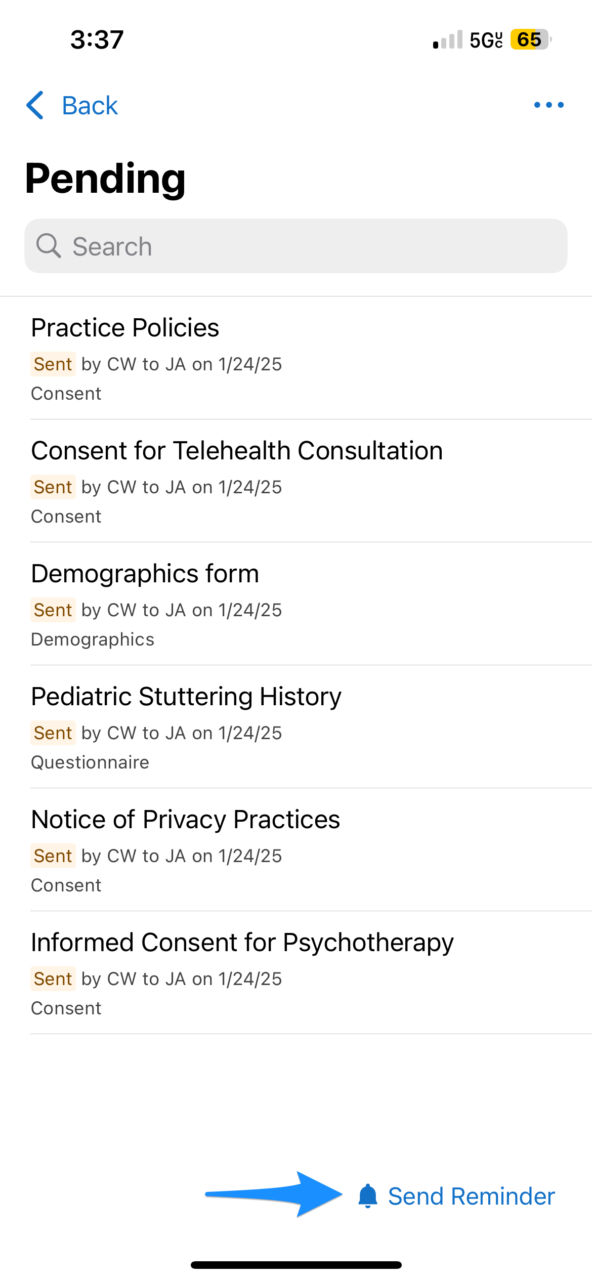 Pending files screen showing the Send Reminder button