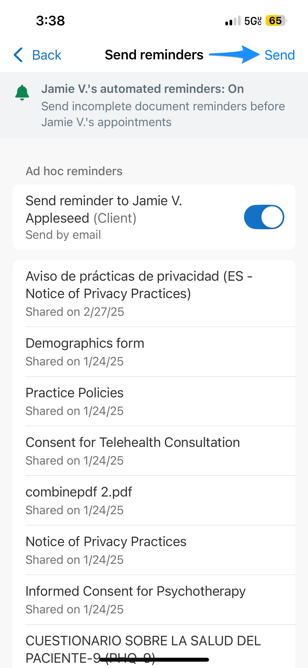 Send reminder screen showing a list of pending documents and the Send button