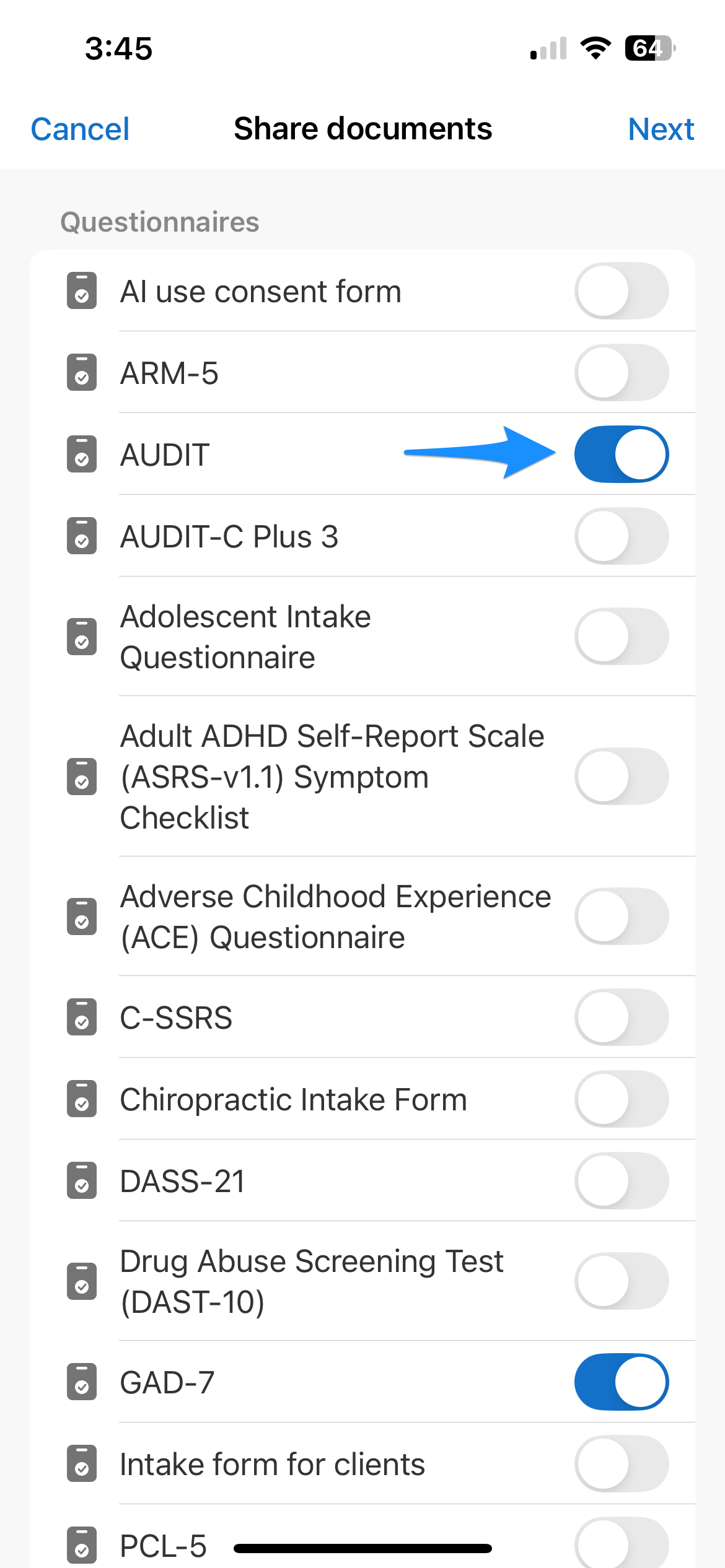 Share new screen showing document toggles for selecting files to share