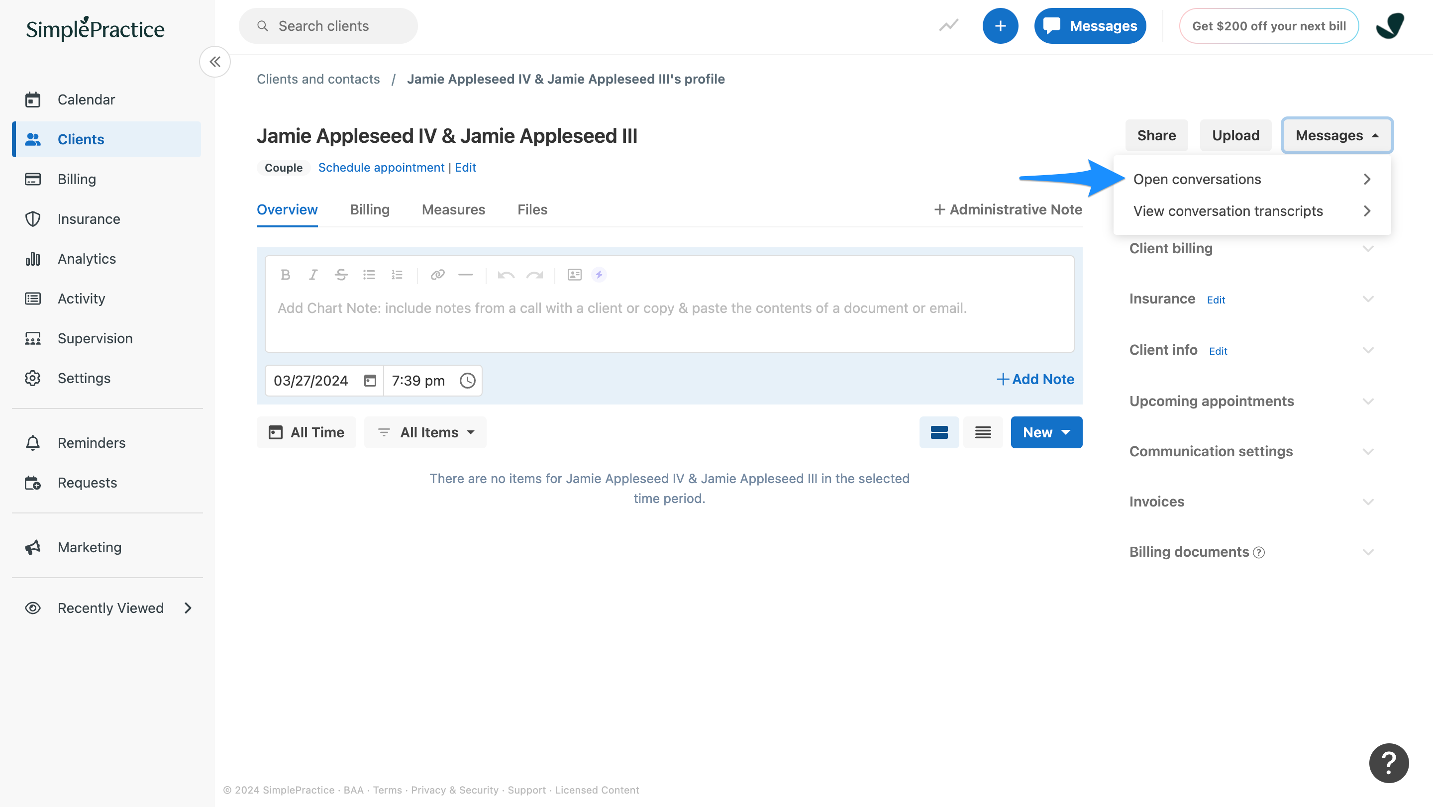 Open conversations menu showing secure message threads for couple clients