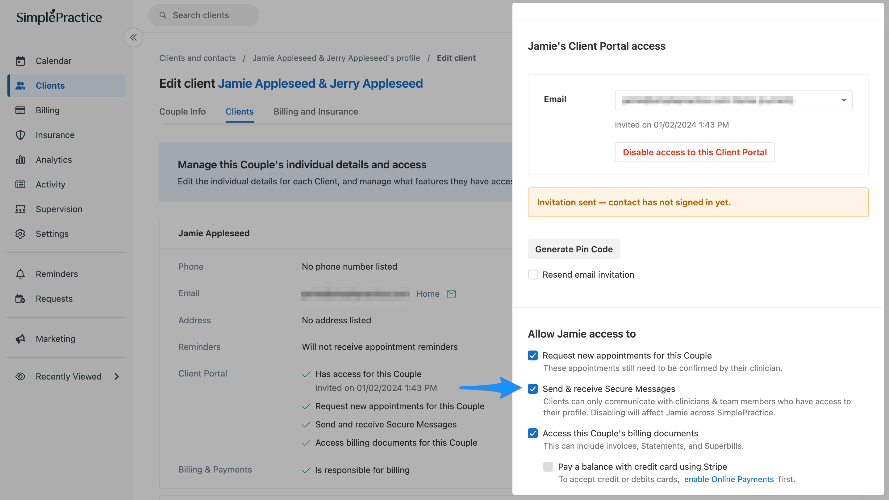 Enable Secure Messaging settings screen for couple clients