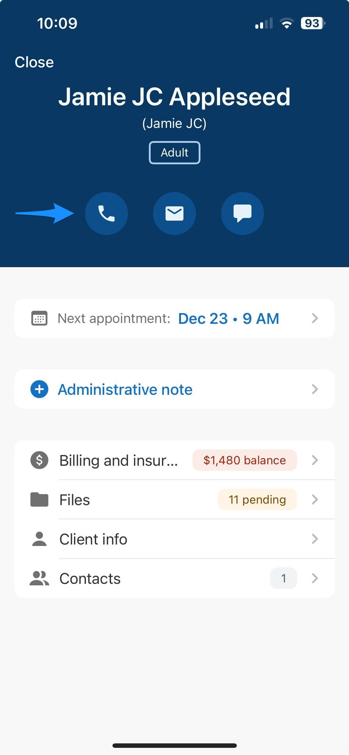 Client Overview page showing contact icons at the top of the screen in the mobile app