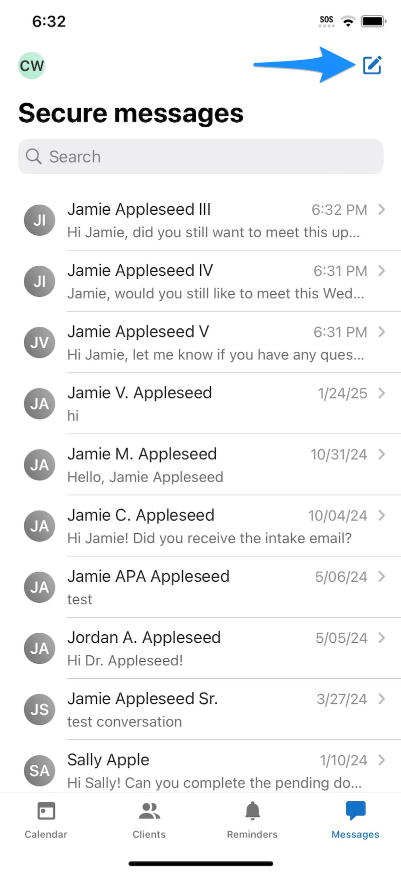 Messages screen showing the pencil icon for starting a new Secure Message