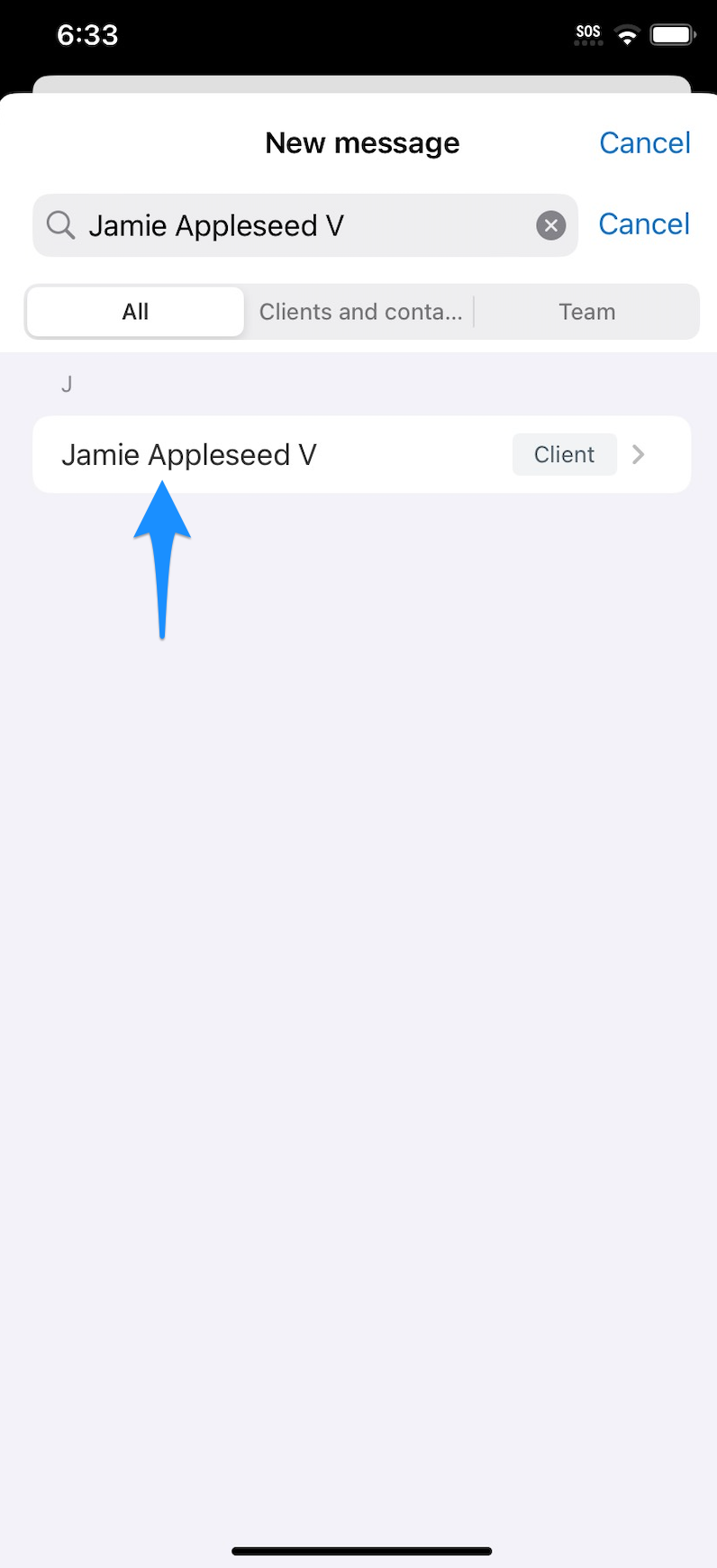 Search results list showing a selected recipient for Secure Messaging