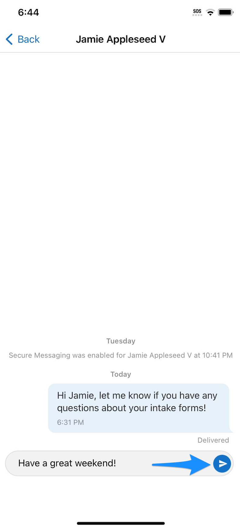 Secure Message compose screen showing a message and the send arrow