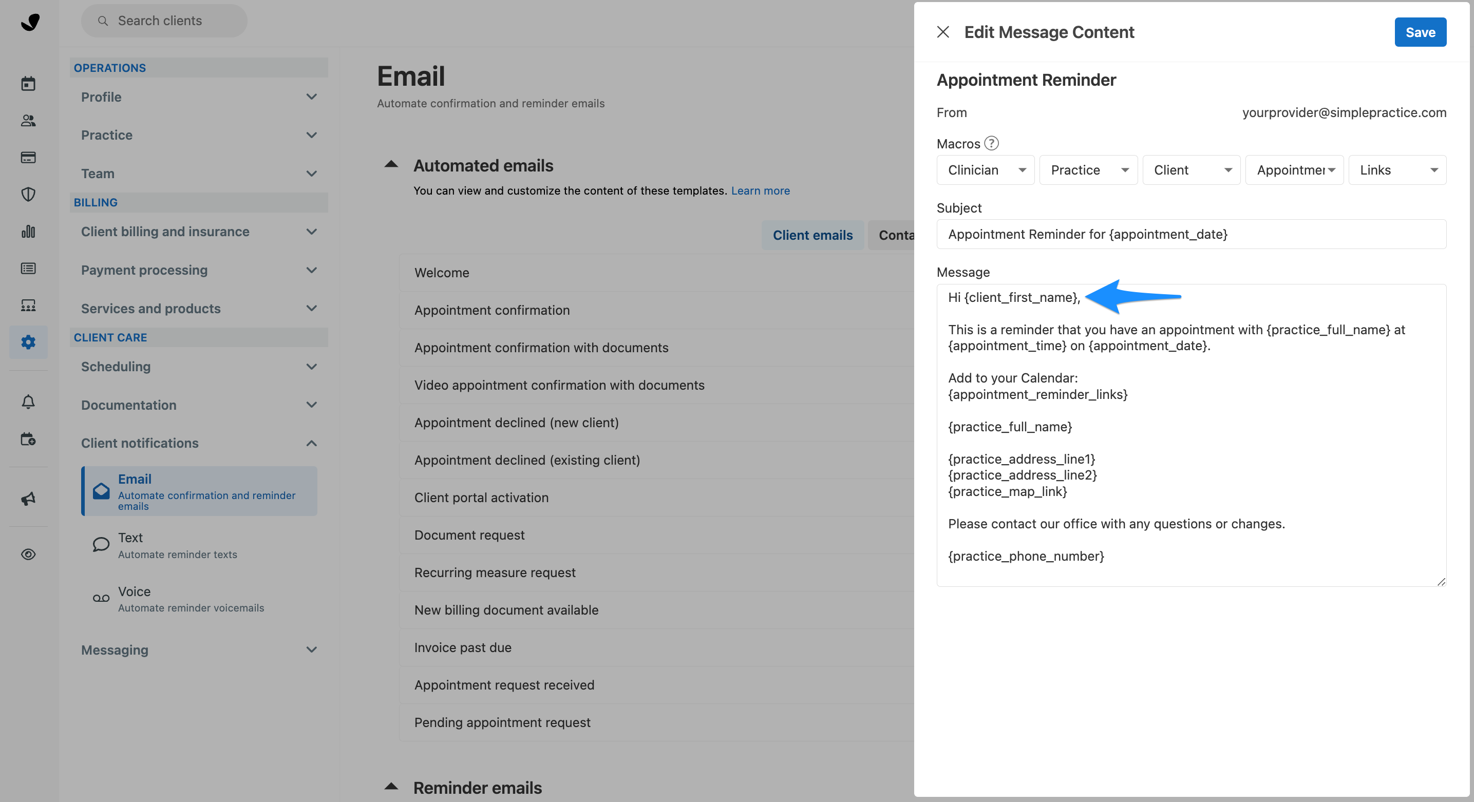 Example of macros used in an email message