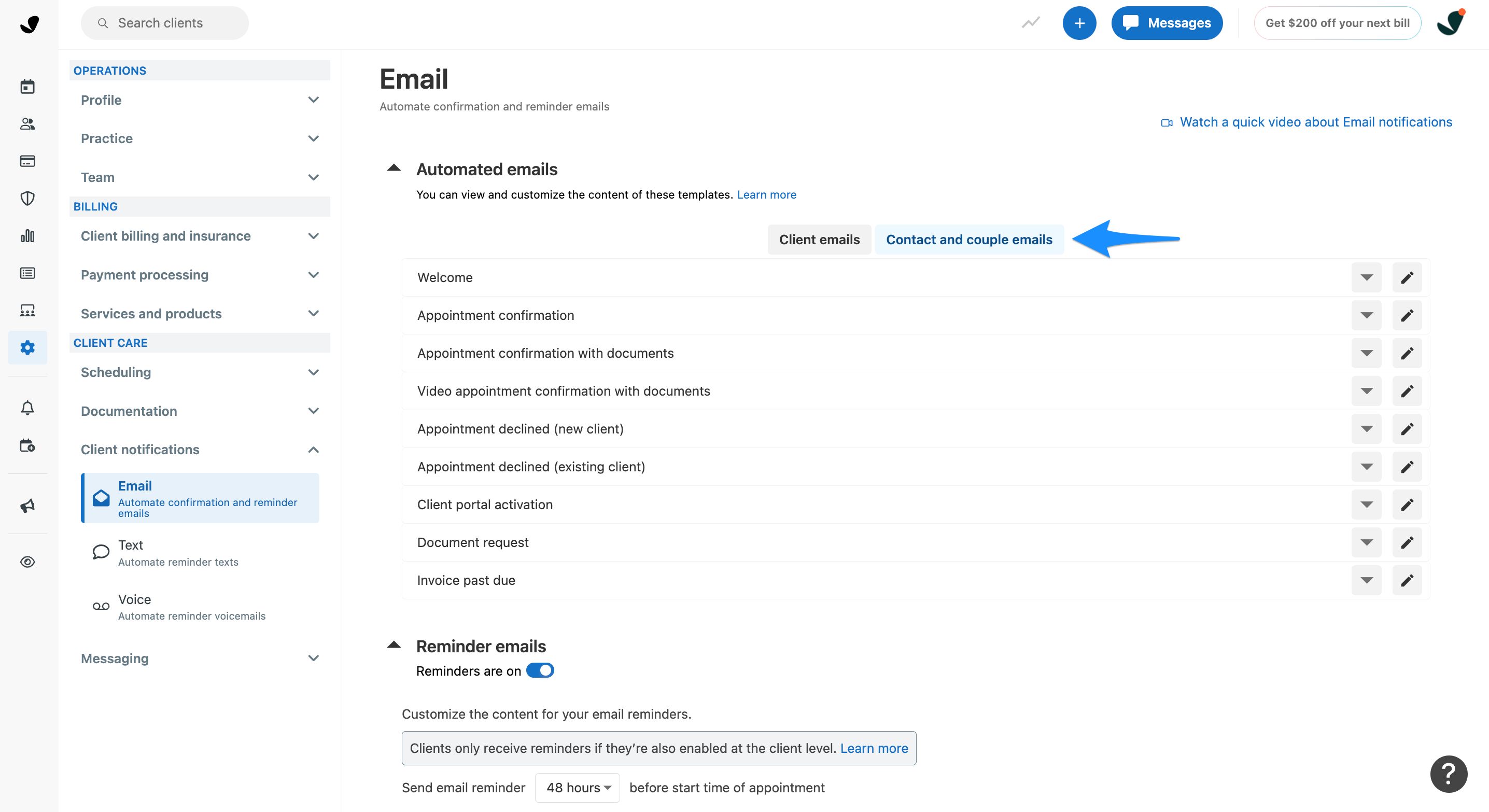 Contact and couple emails tab selected