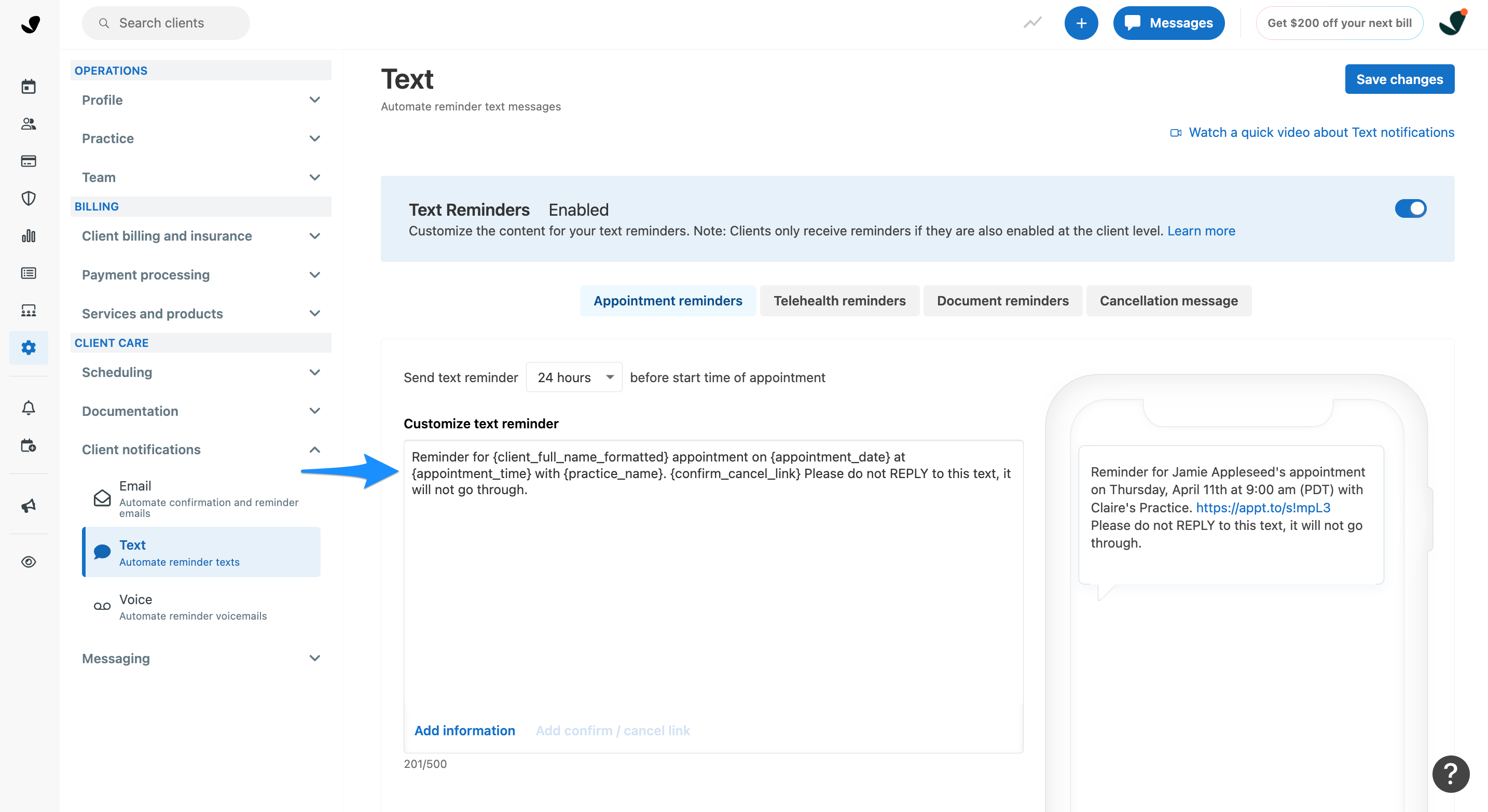 Customize text reminder field