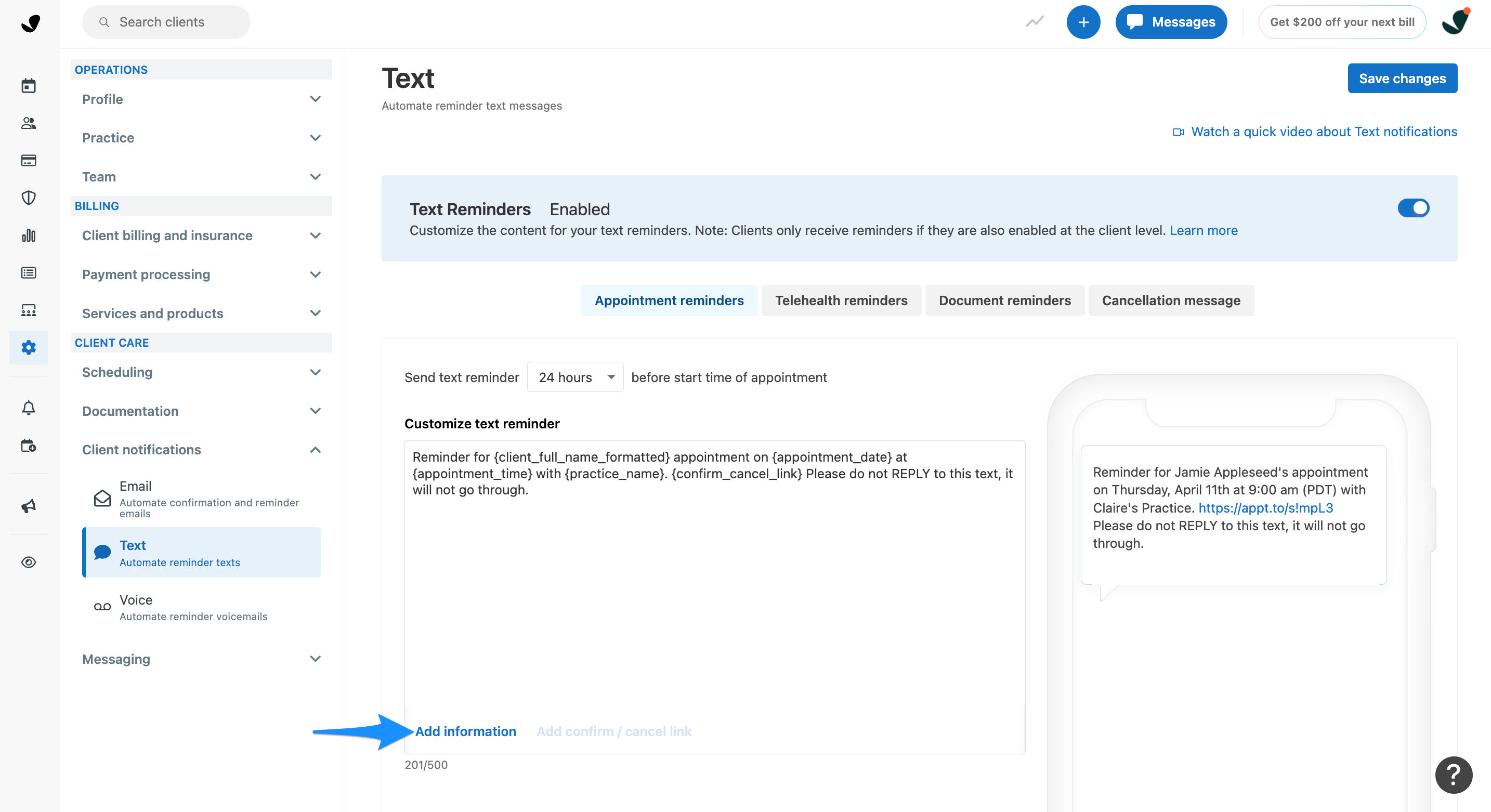 Dropdown menu for adding information variables