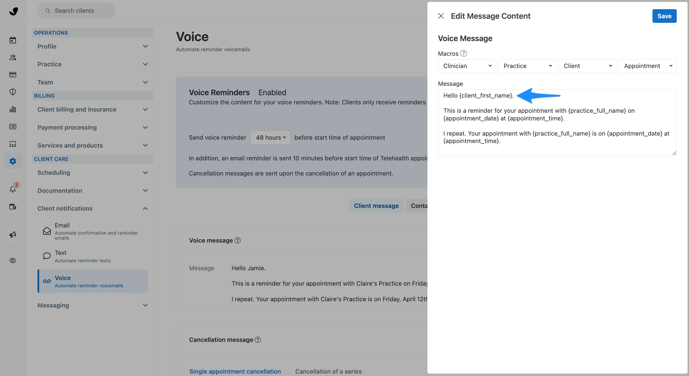 Example of macros used in a voice message
