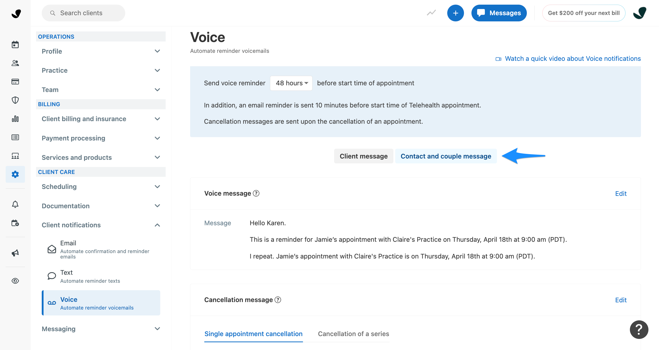 Contact and couple message tab for voice notifications