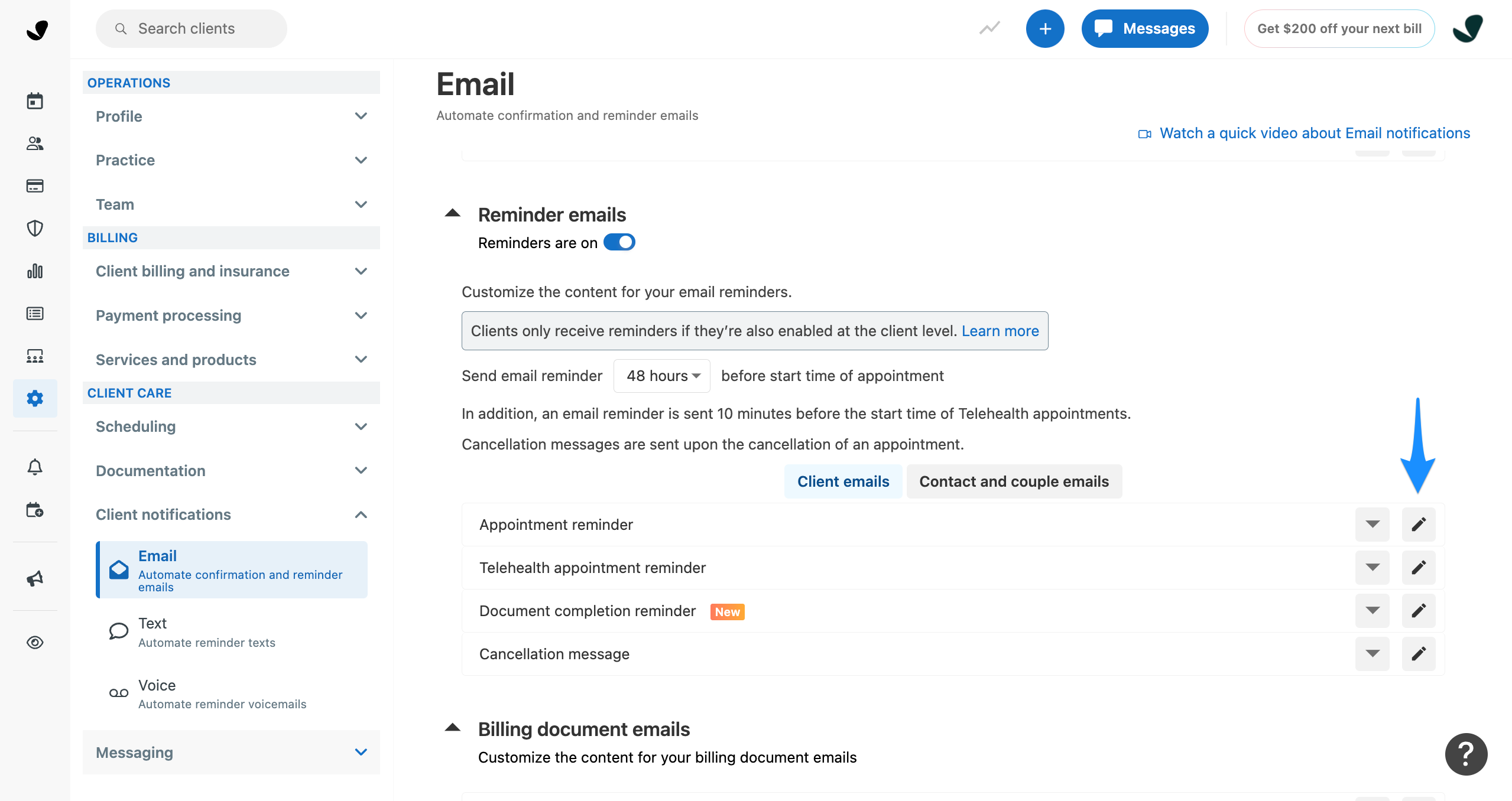 Pencil icon next to reminder email type