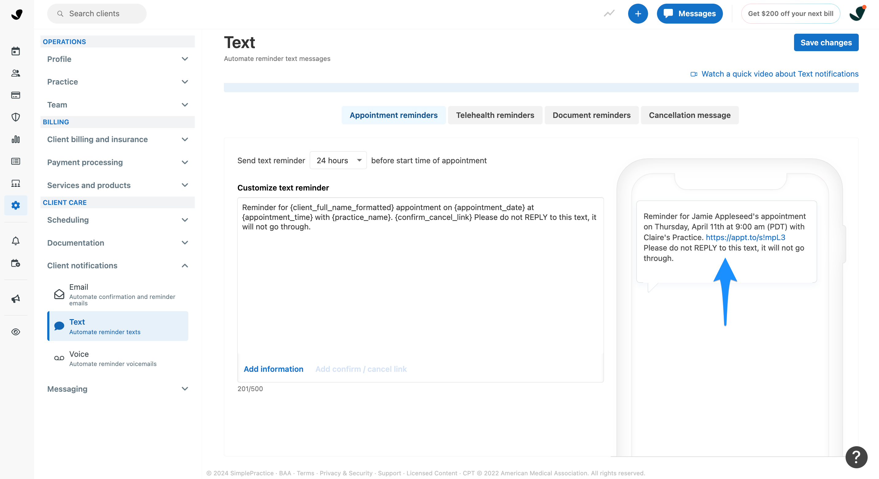 Preview of customized text message
