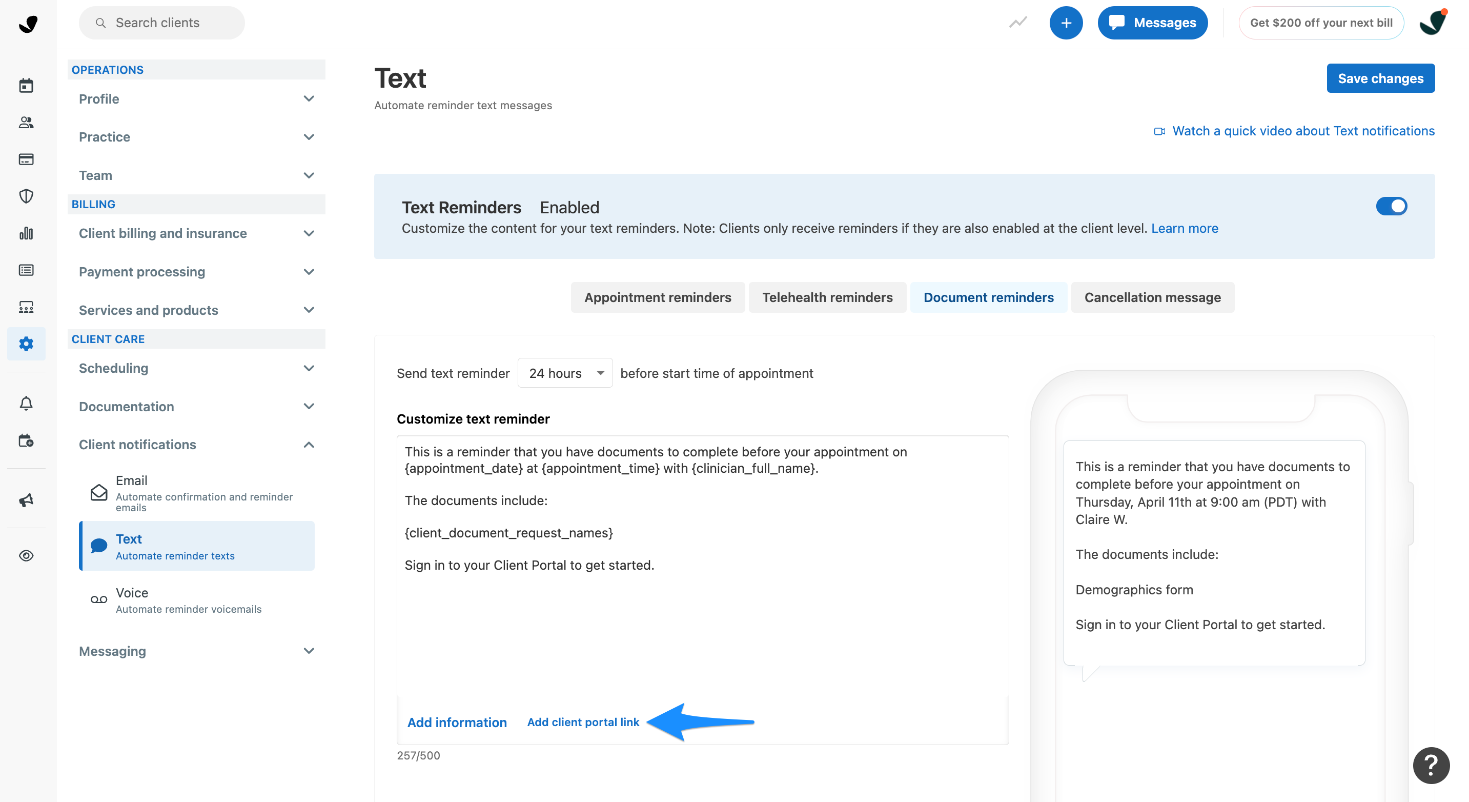 Option to add client portal link