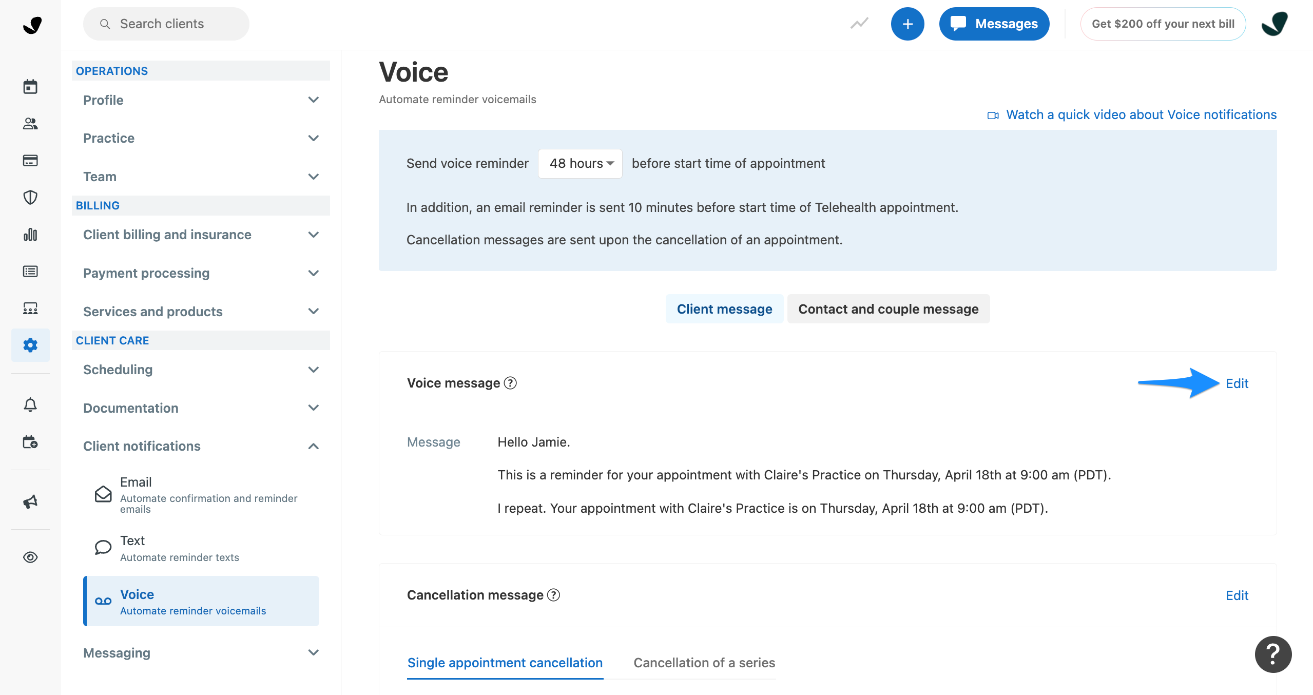 Edit button for voice notifications